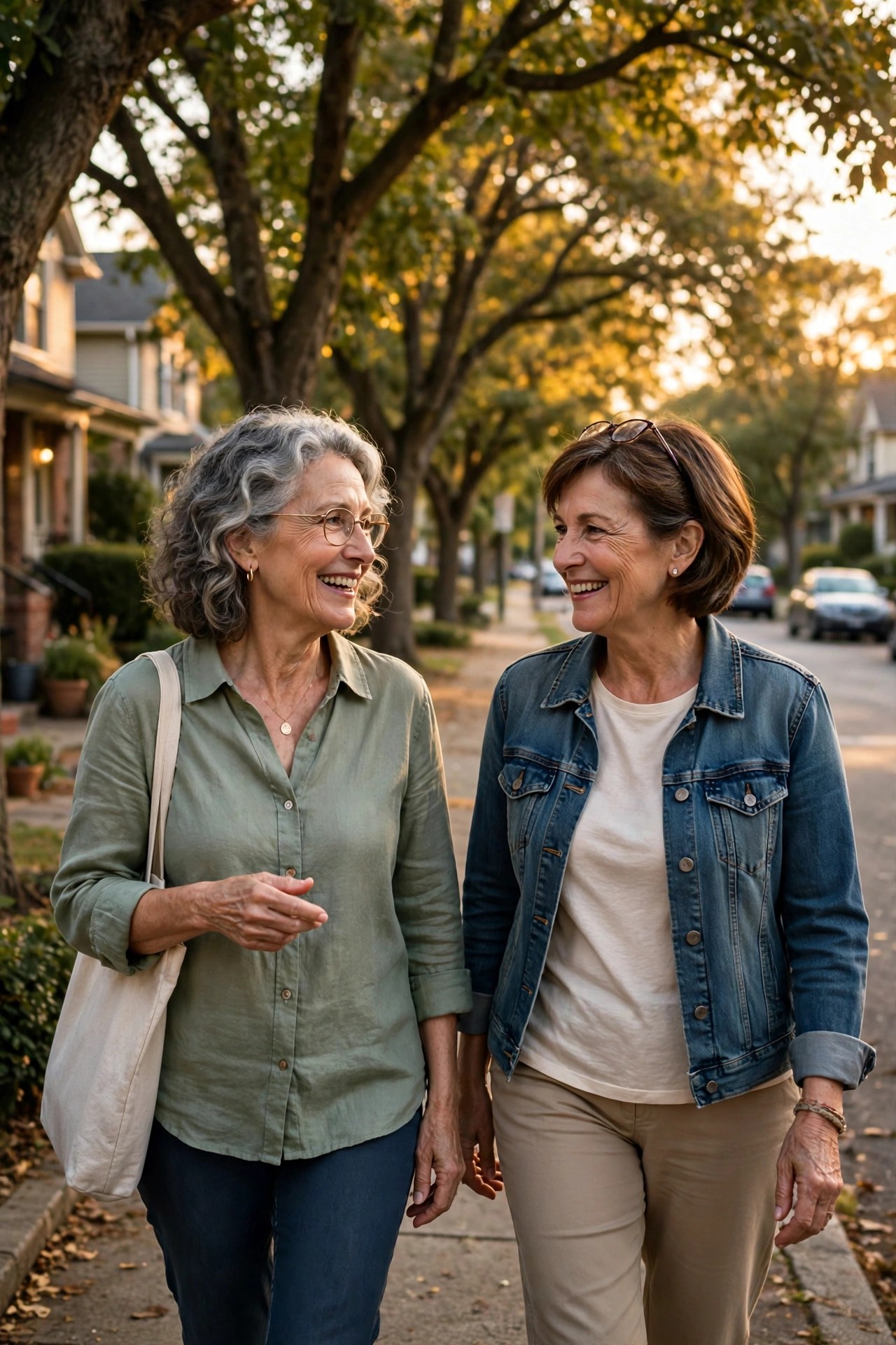 Woman in her 60s walking and chatting with a neighbor along a tree-lined sidewalk