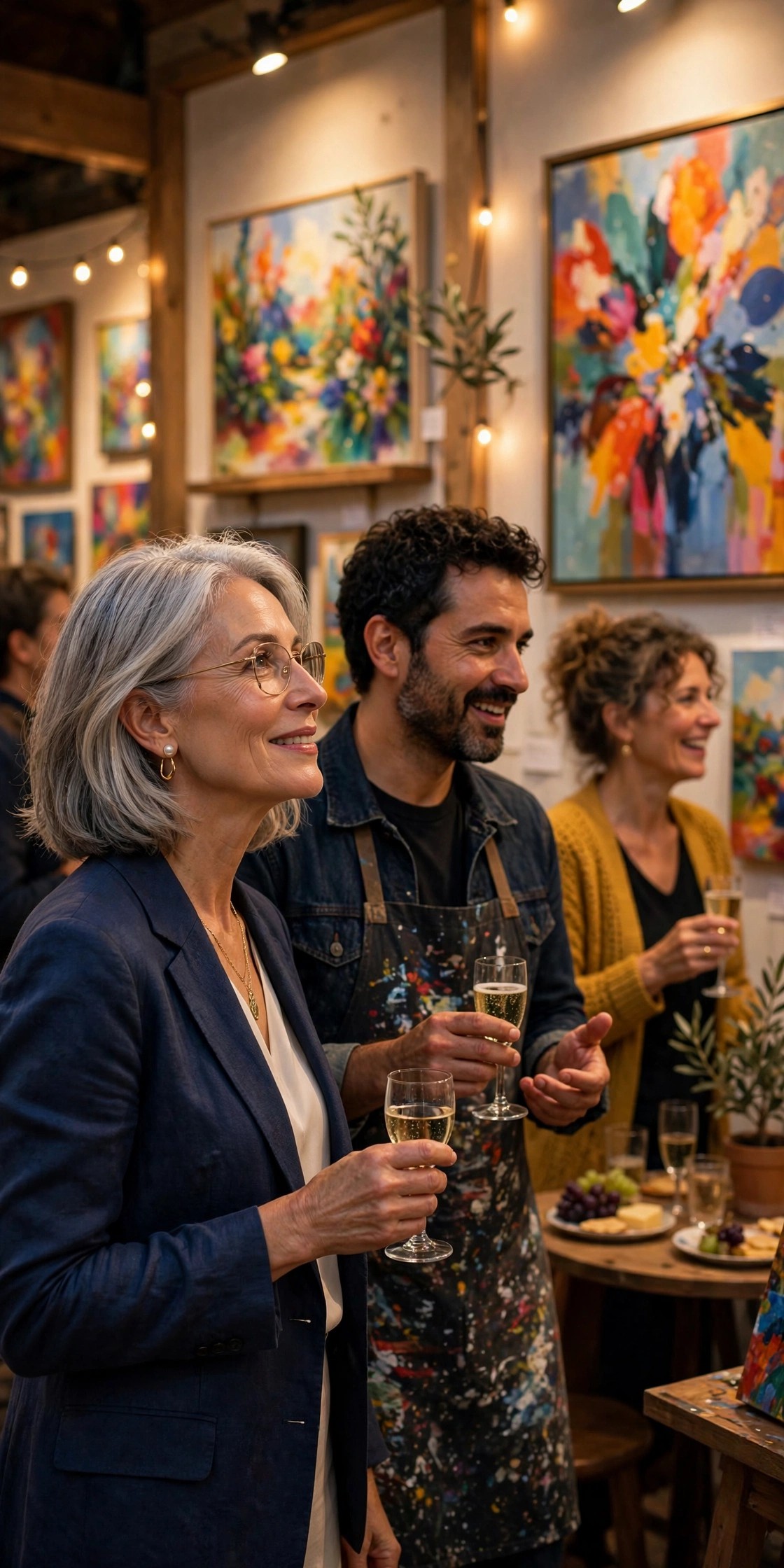 Woman in her 60s chatting with visitors at a cozy local art gallery opening