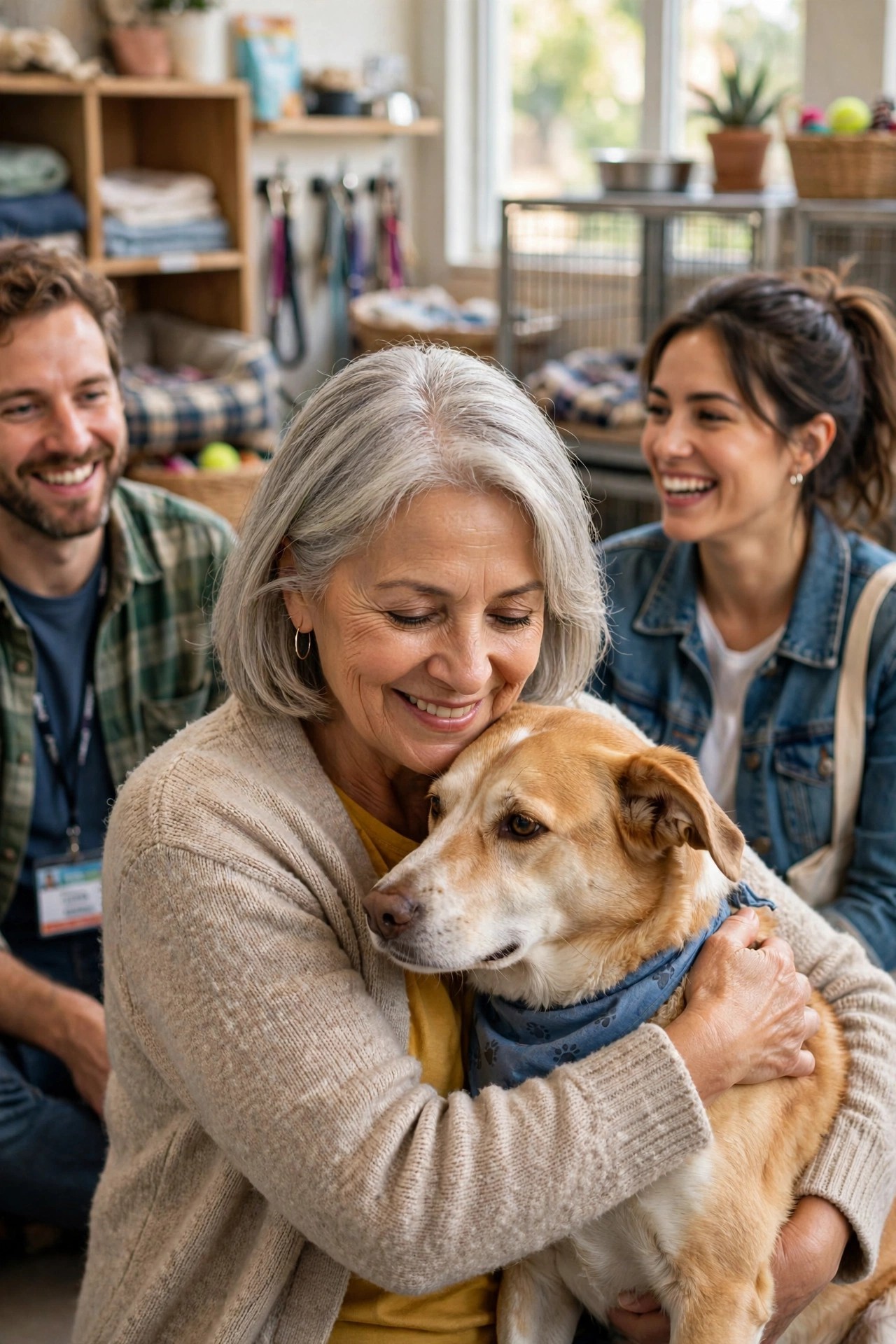 Woman in her 60s cuddling a rescue dog while volunteering at an animal shelter