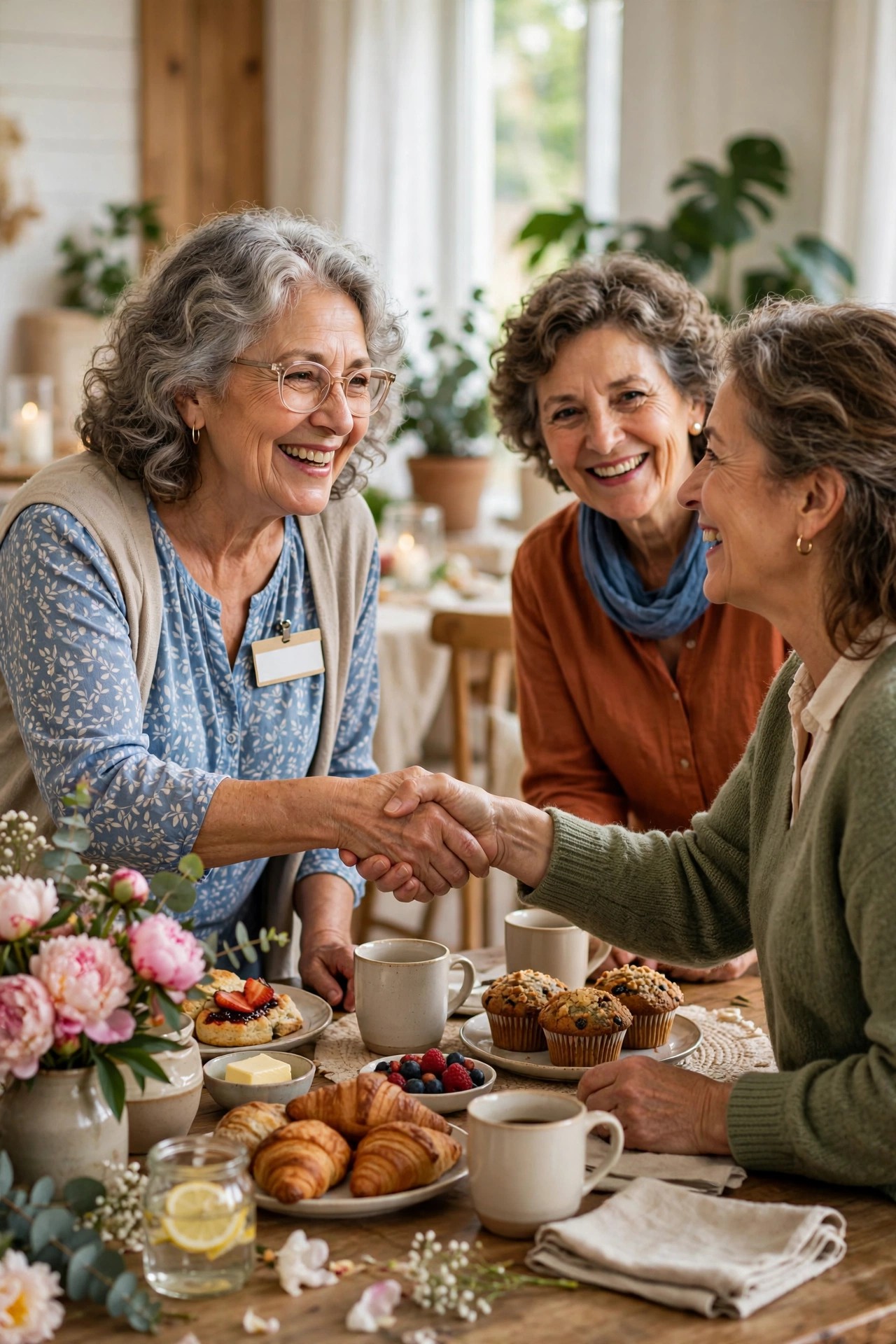 Woman in her 60s with a name tag shaking hands at a newcomers club coffee morning