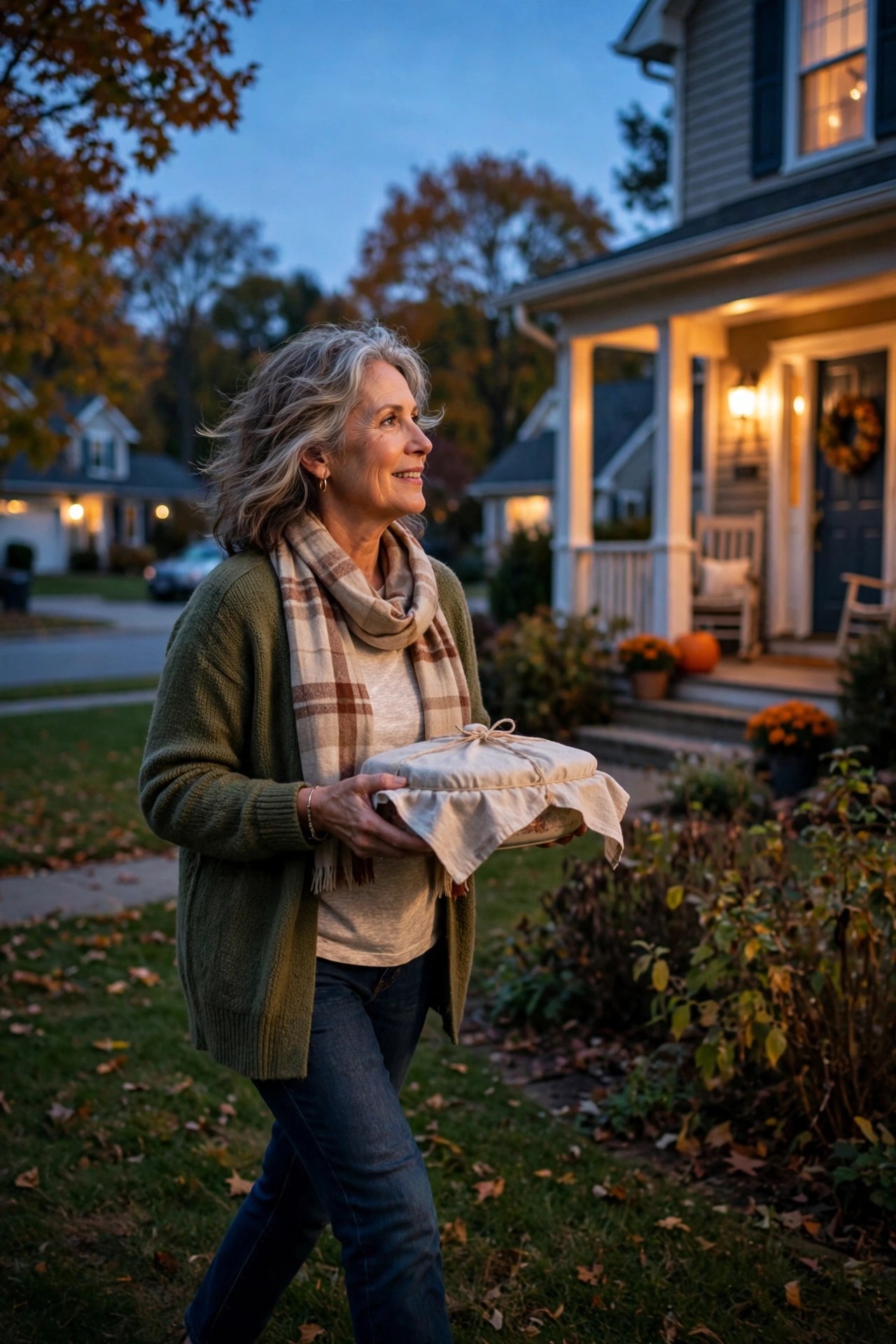 Woman in her 60s carrying a covered dish across the lawn to a neighbor's house
