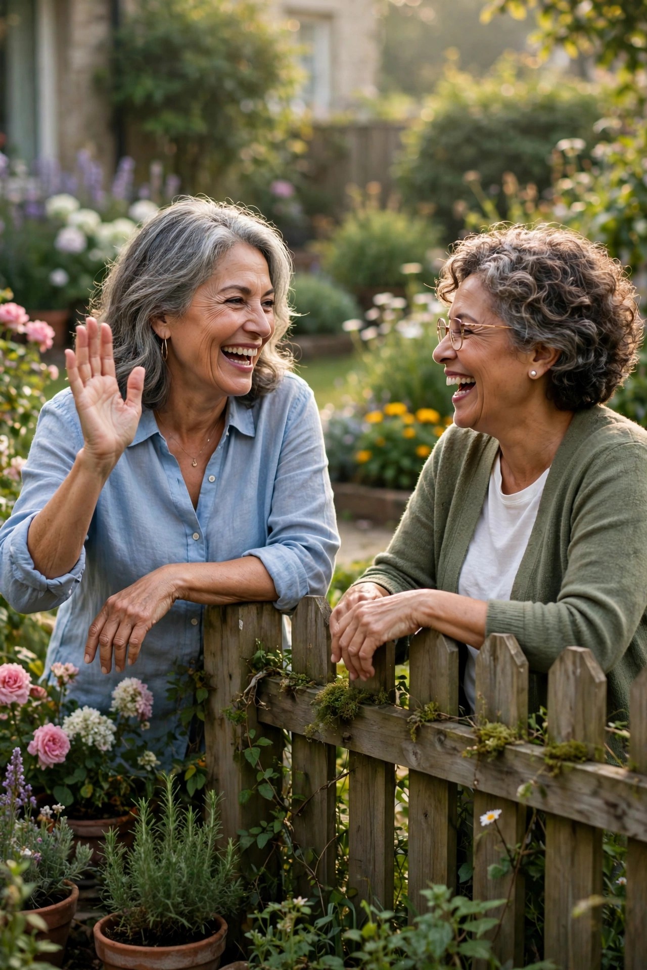 Woman in her 60s waving hello to a neighbor over a garden fence