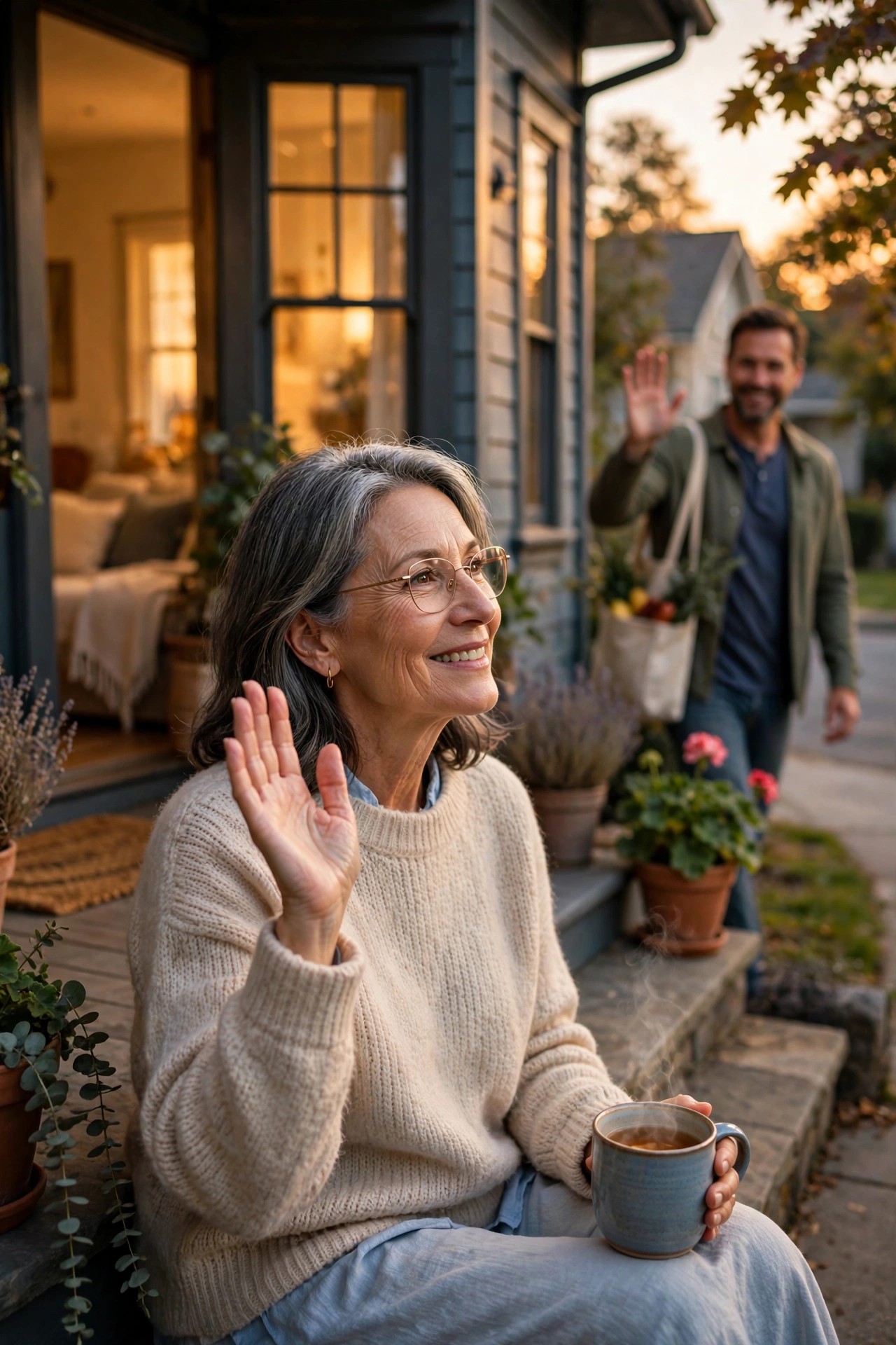 Woman in her 60s waving to a neighbor from her front porch steps at sunset