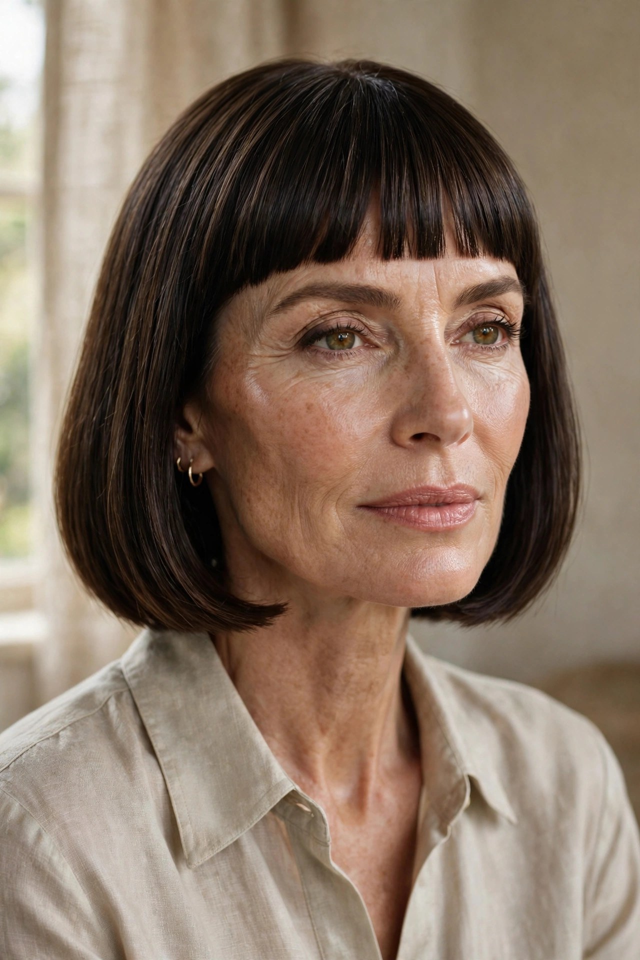 Glossy chin-length bob with graphic straight-across bangs