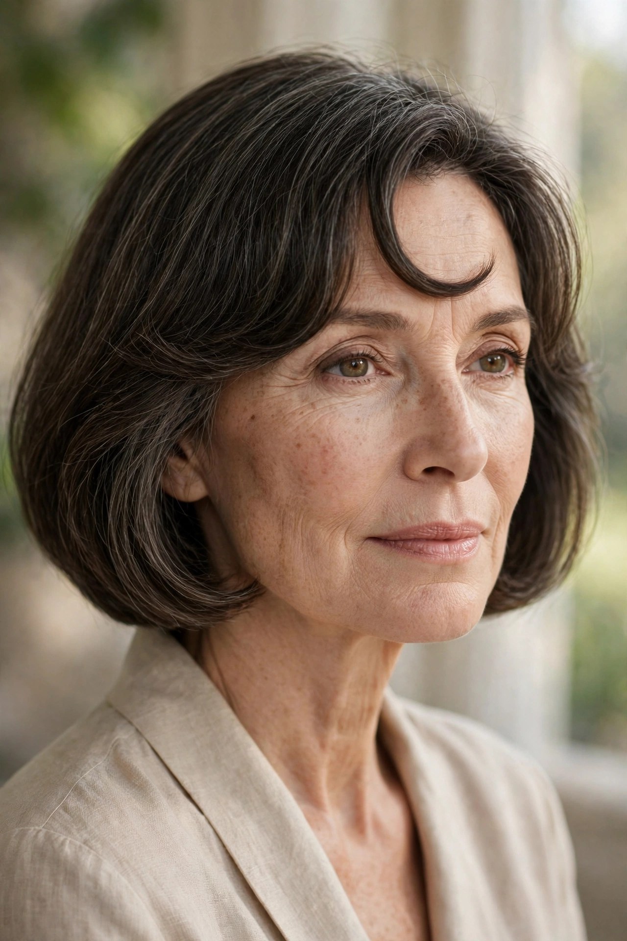 Soft-edged chin bob with arched crescent-moon bangs