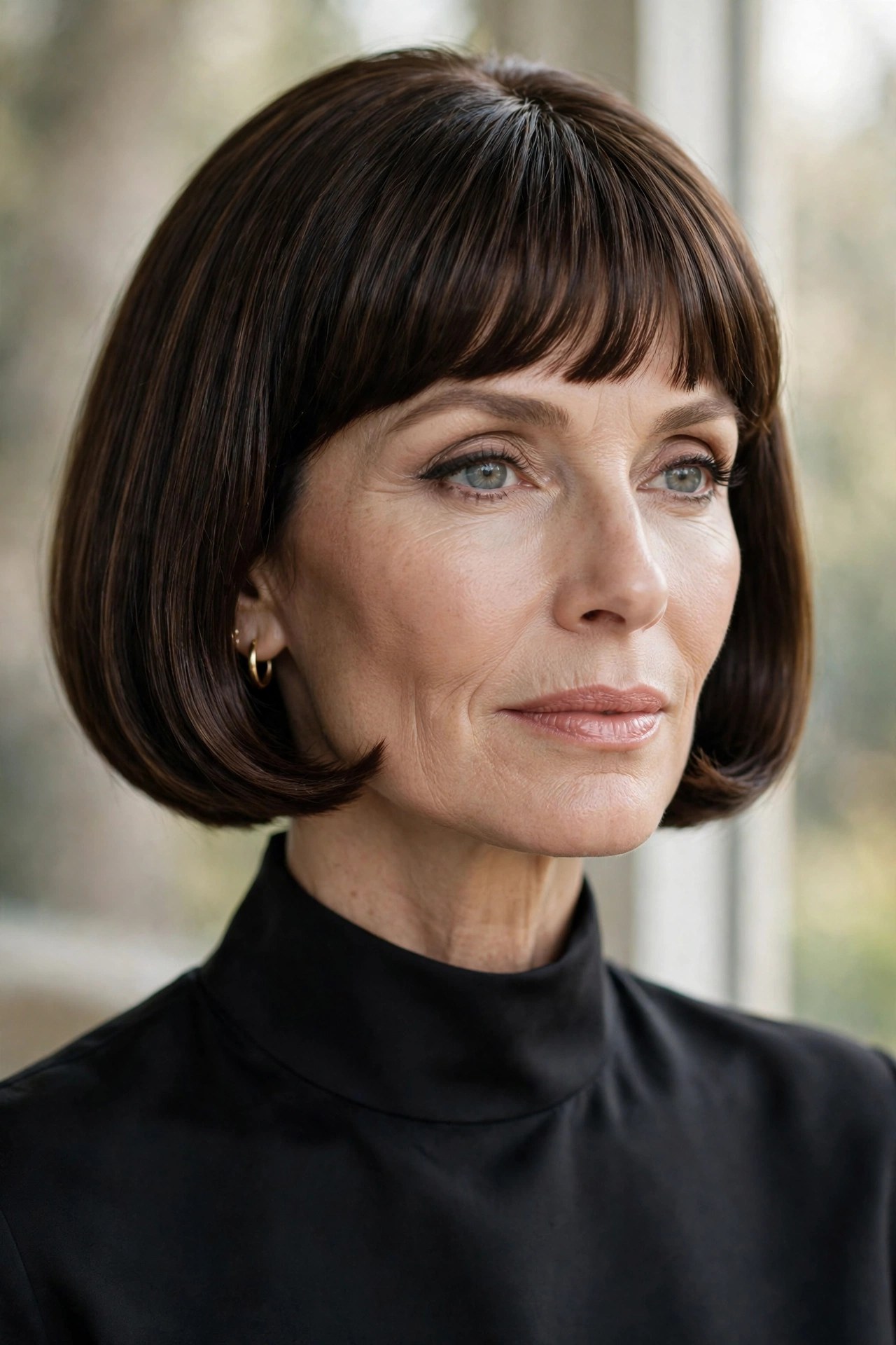 Mod chin bob with short rounded bangs, 1960s inspired