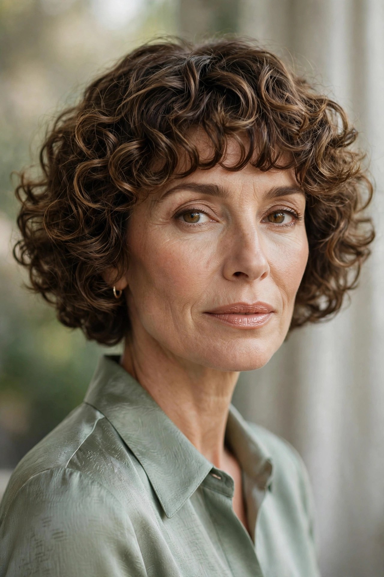 Curly chin bob with springy rounded curly bangs