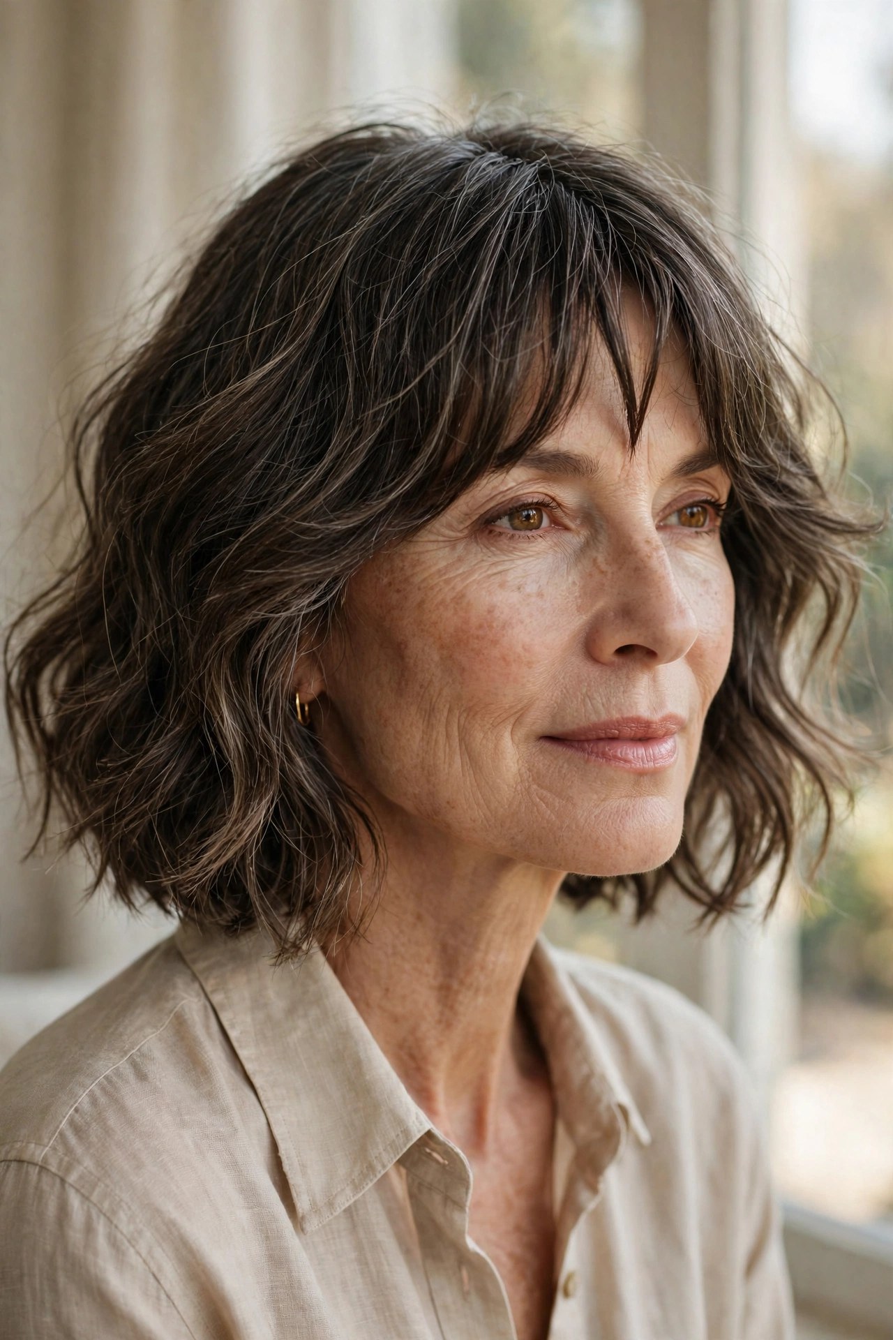 Wavy chin bob with bottleneck bangs for round faces