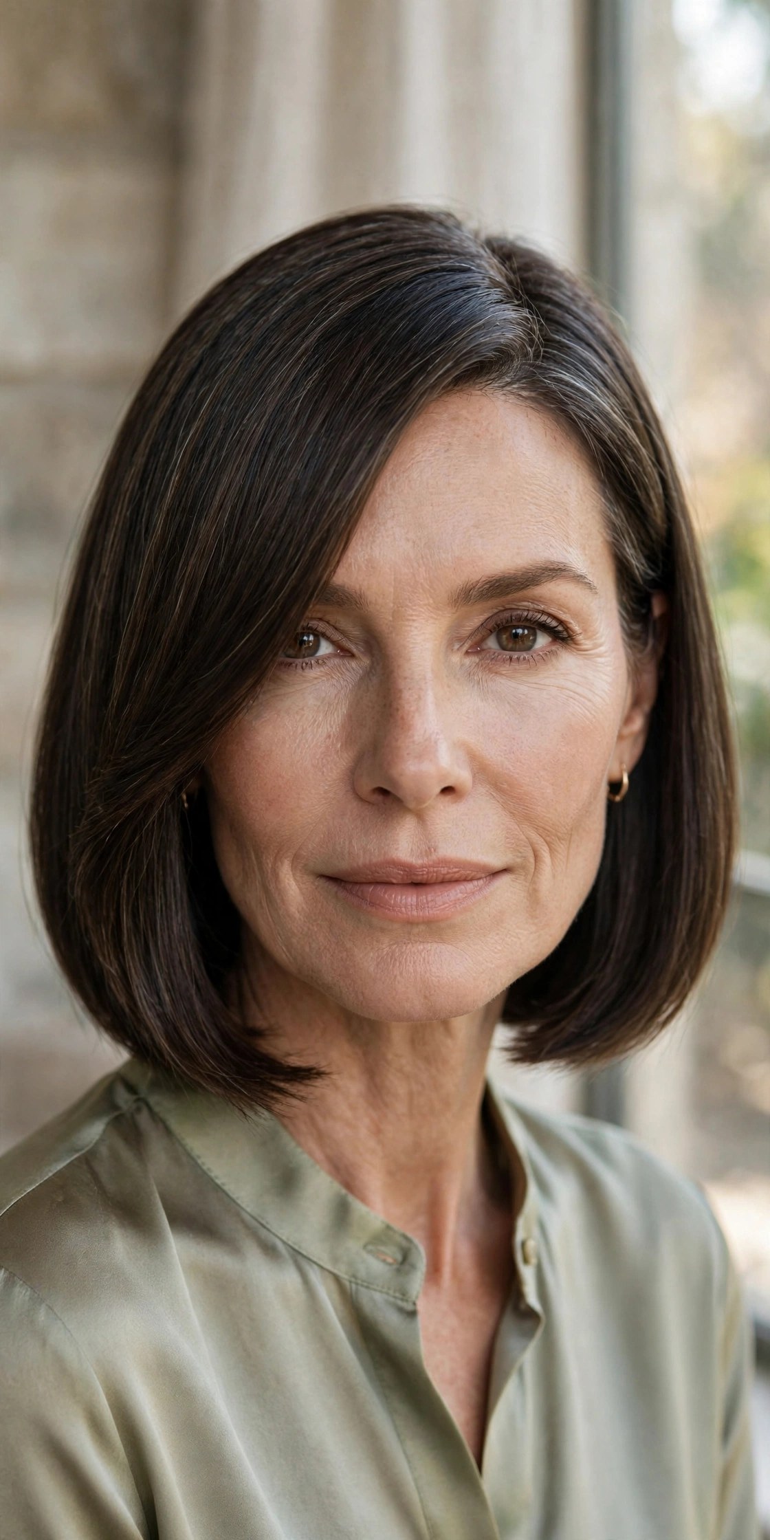 Sleek A-line chin bob with long sweep bangs, side part