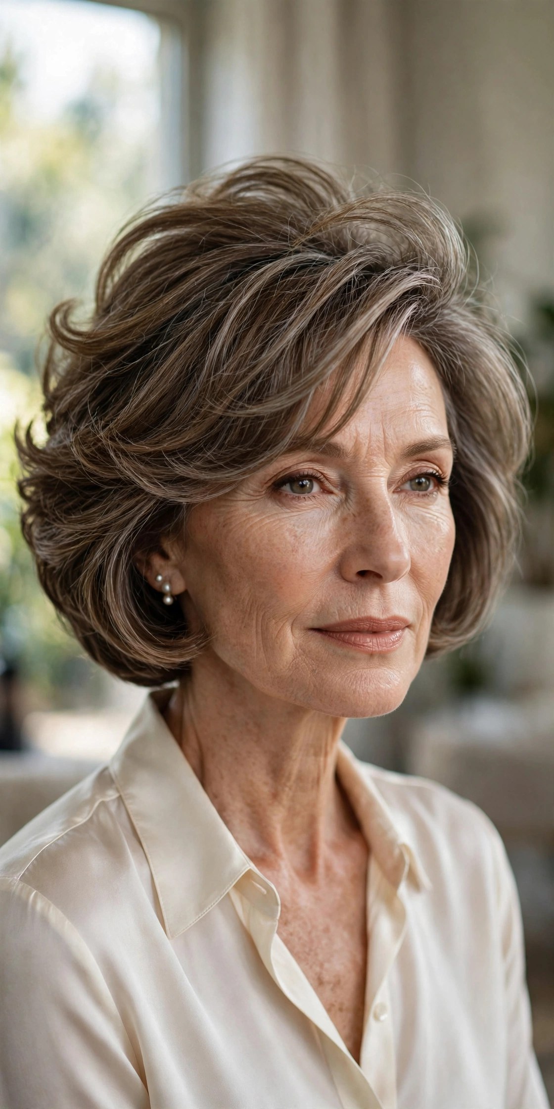 Stacked chin bob with feathered side bangs, back volume