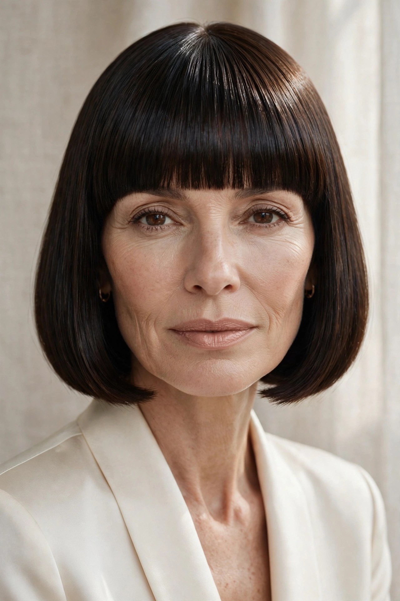 Glass-hair chin bob with polished full bangs, high shine
