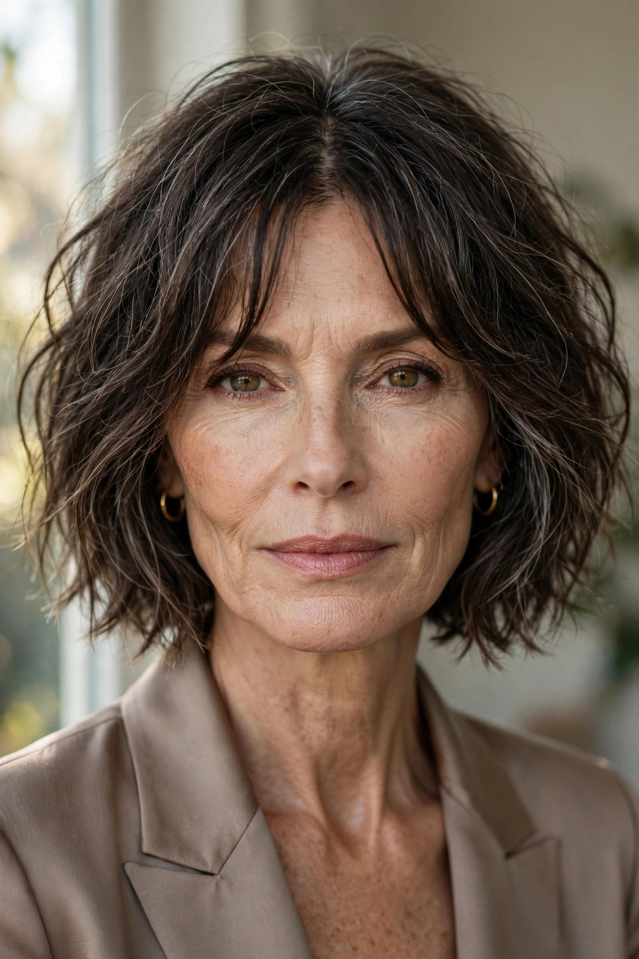 Tousled chin bob with center-parted curtain bangs