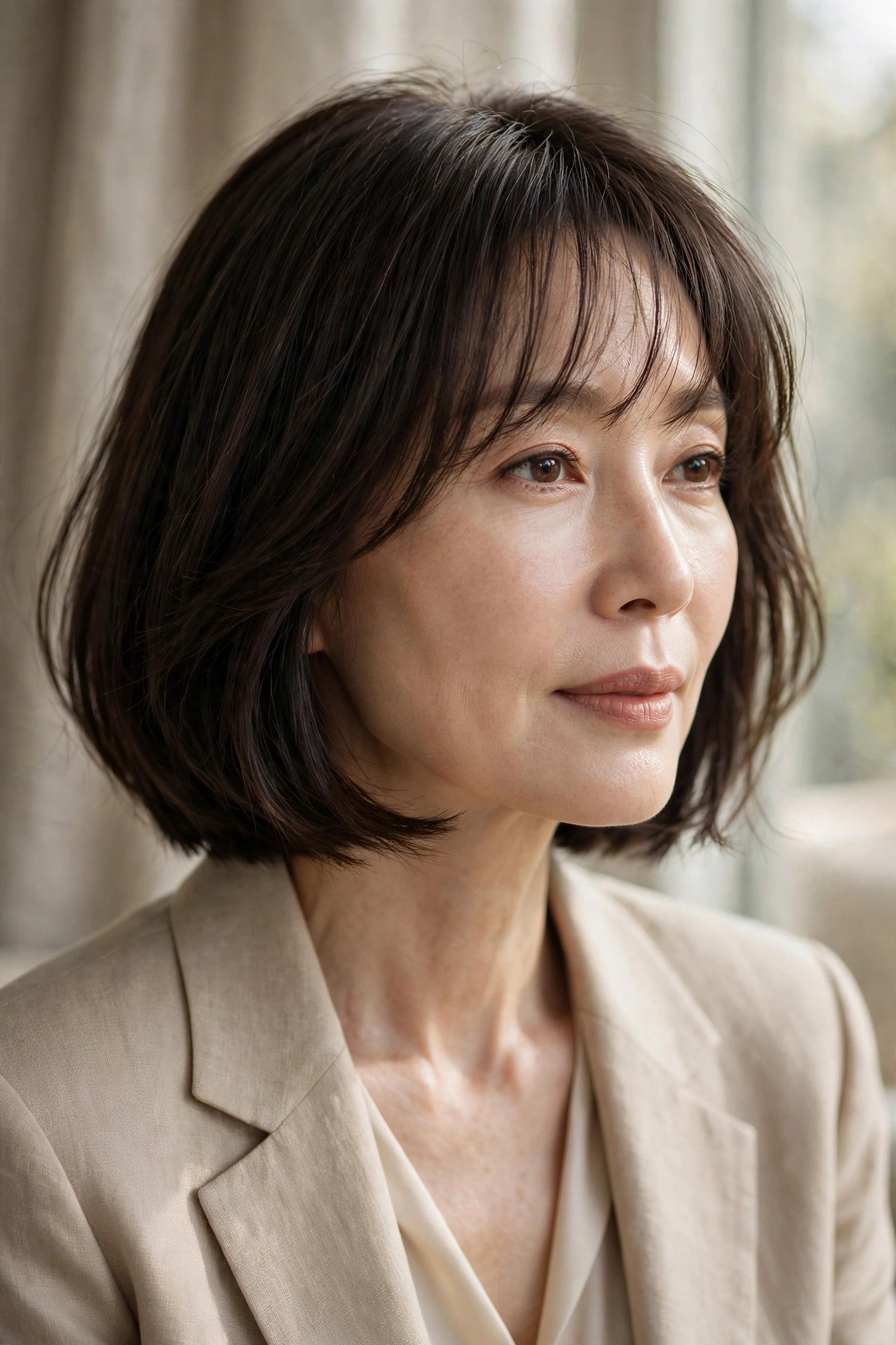 Airy chin bob with sheer see-through Korean-style bangs