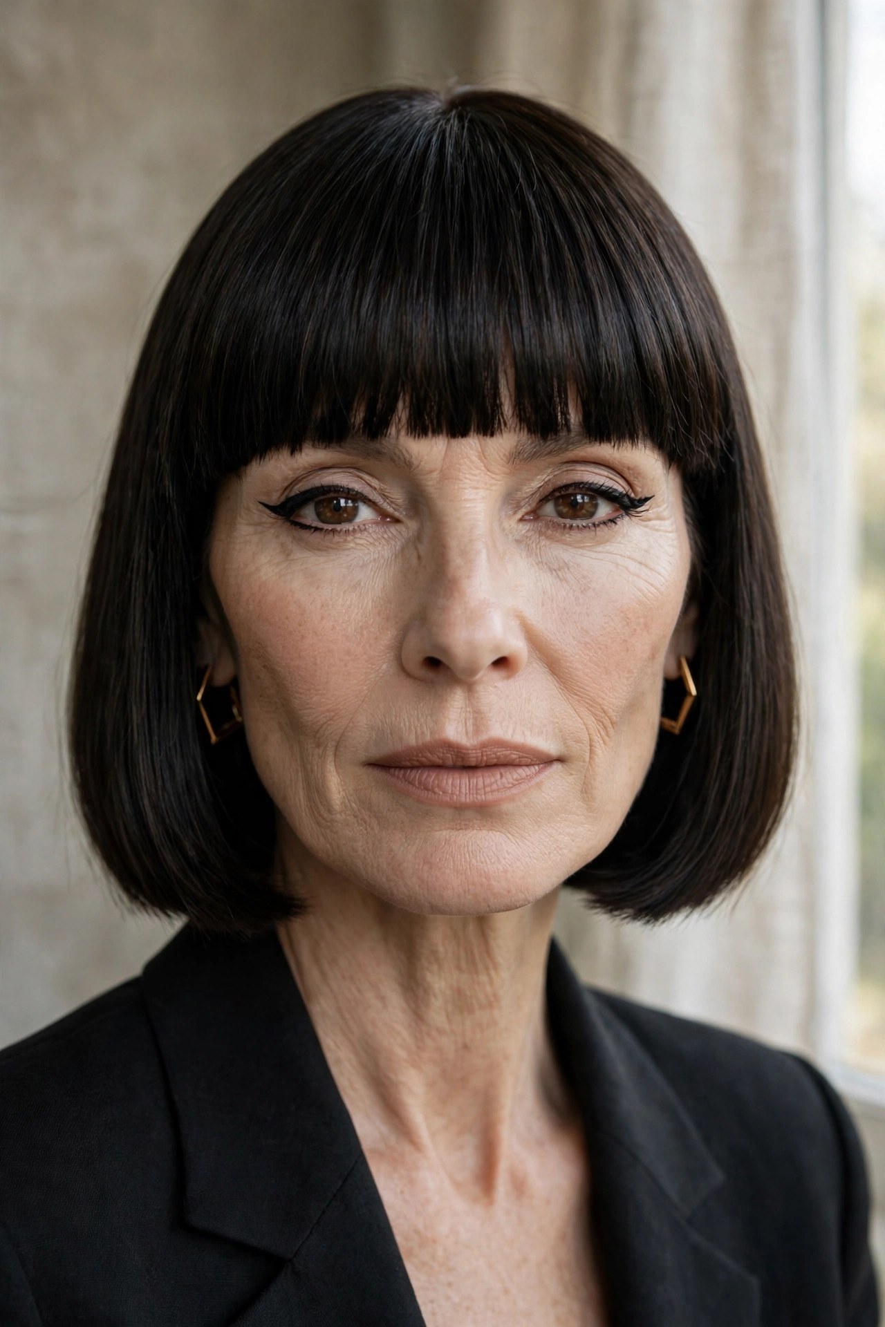 Blunt chin bob with thick statement bangs, bold look