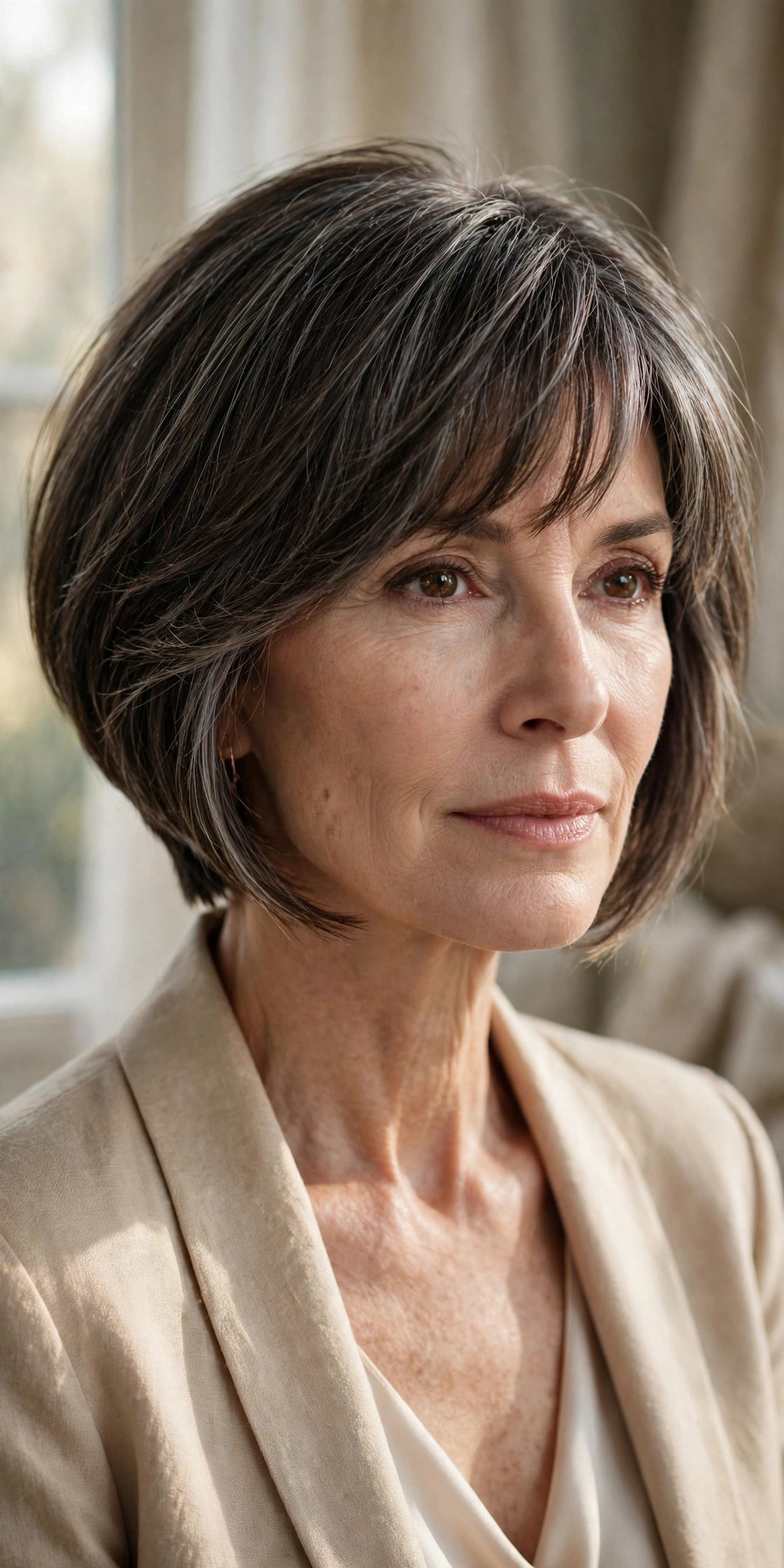 Graduated chin bob with tapered bangs, sloping shape