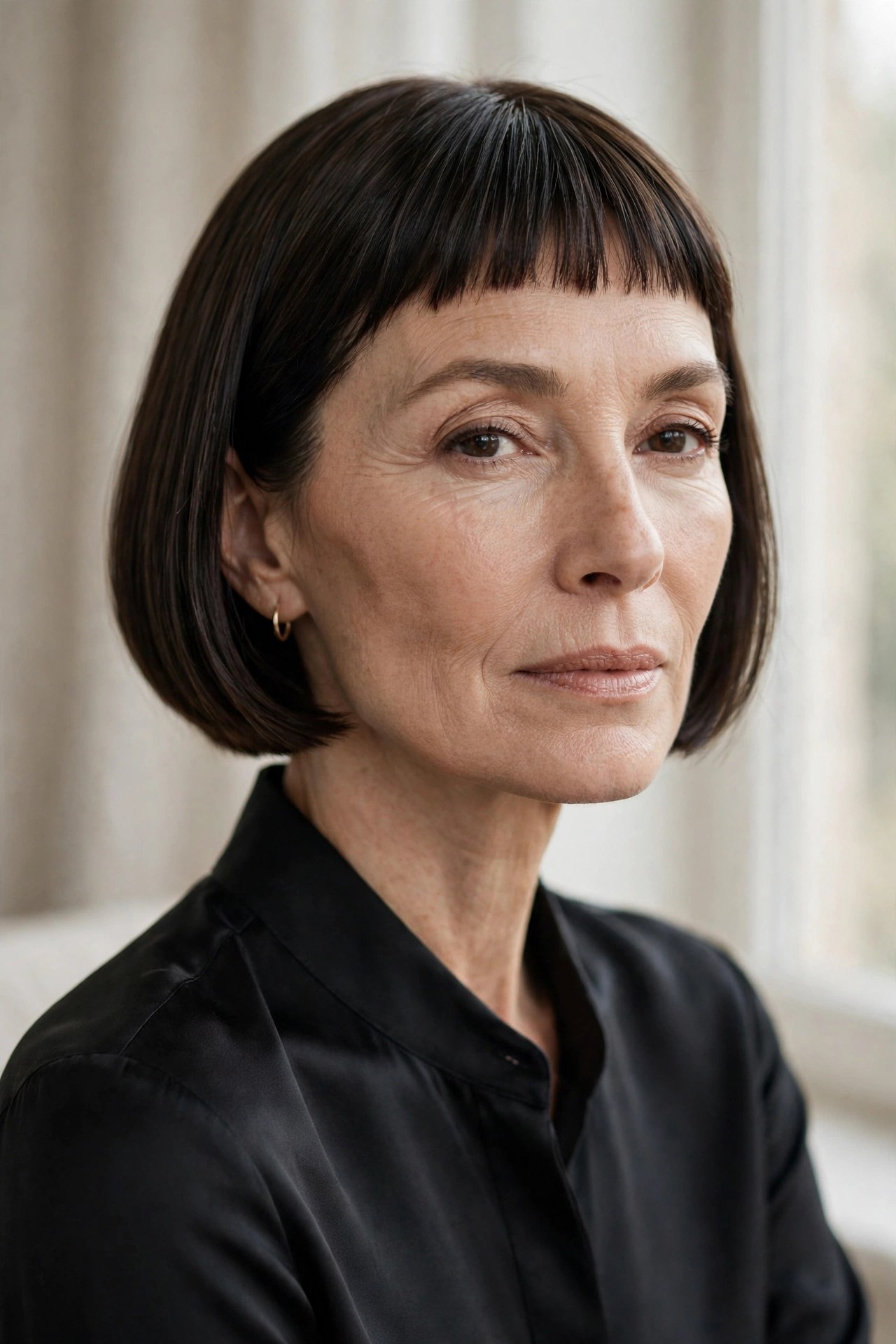 Micro chin bob with tiny baby bangs above the brow