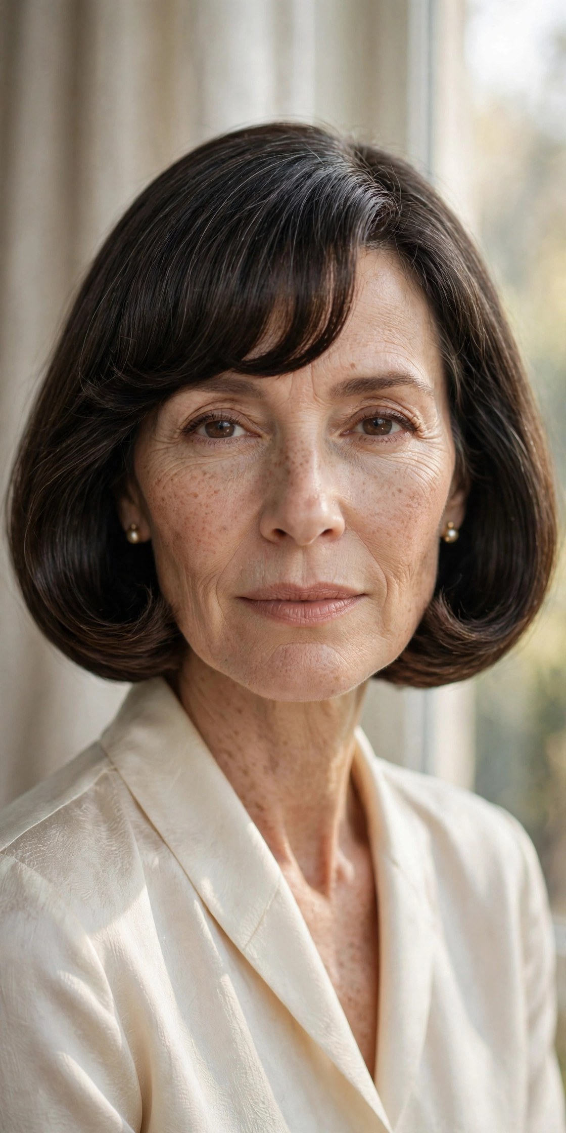 Rounded-under chin bob with curved bangs hugging the jaw