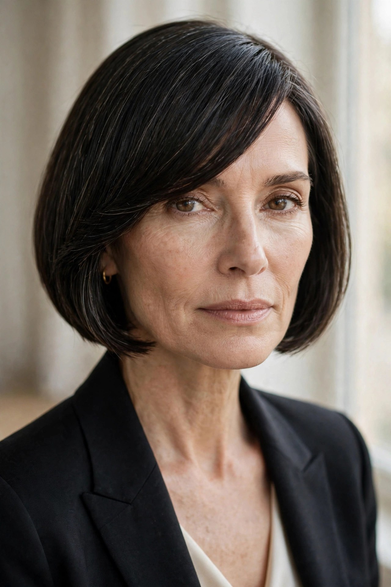 Deep side-part chin bob with diagonal sweeping bangs
