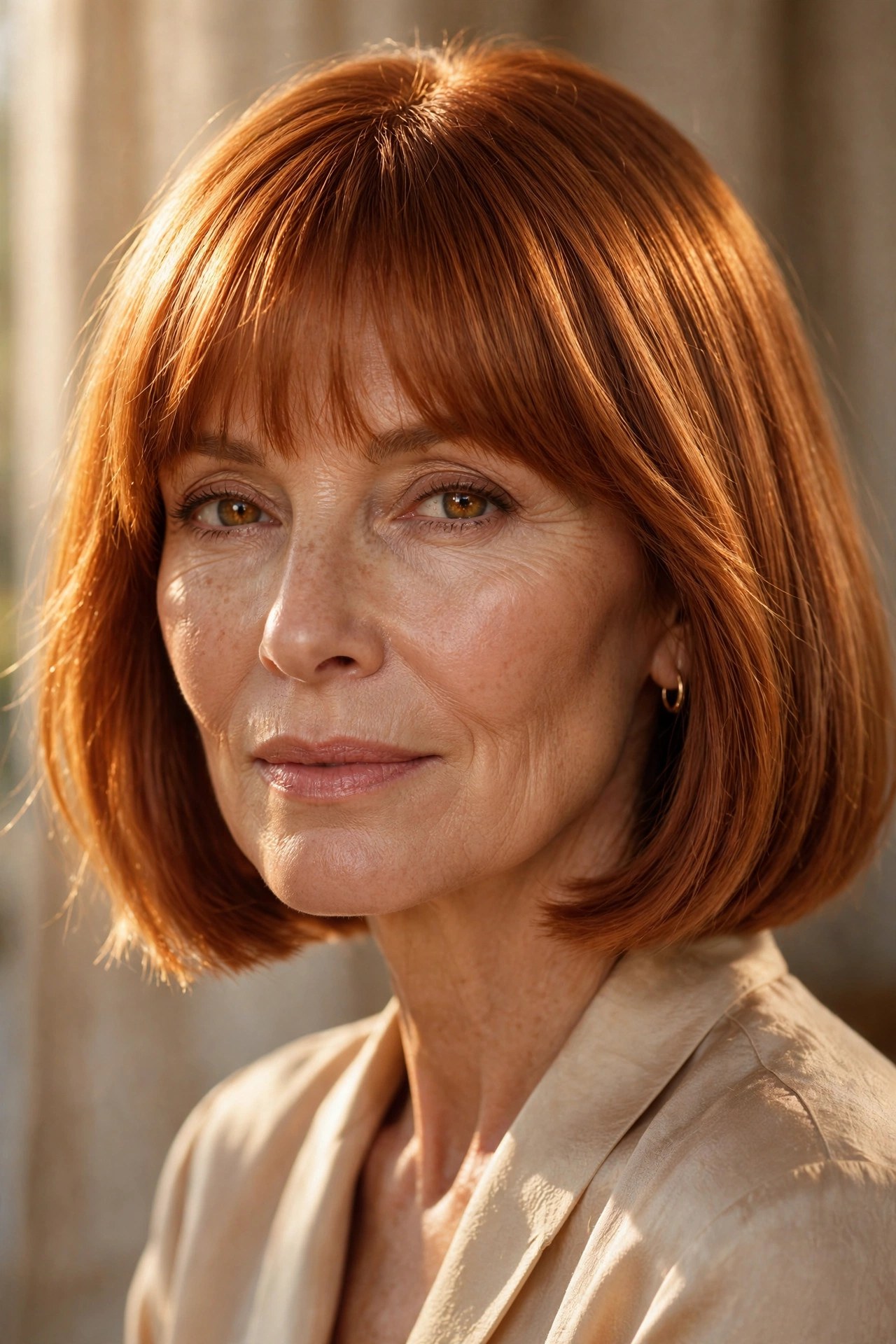 Copper chin bob with warm glow bangs, luminous color