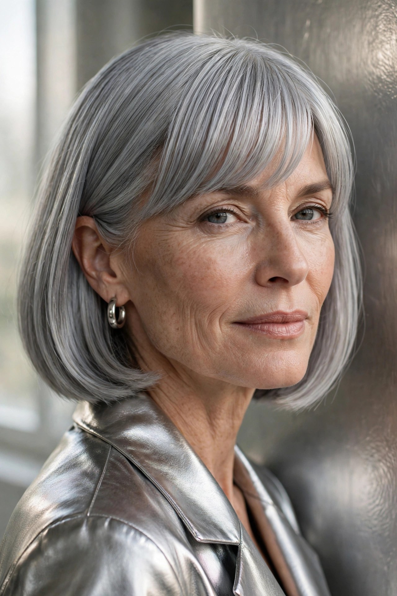 Silver chin bob with sleek straight gray bangs