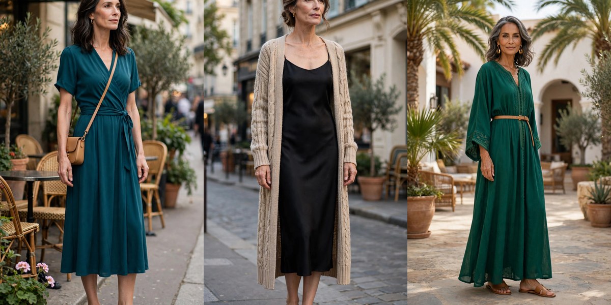Three effortless chic outfits for women over 50: teal wrap dress, black slip dress, emerald caftan