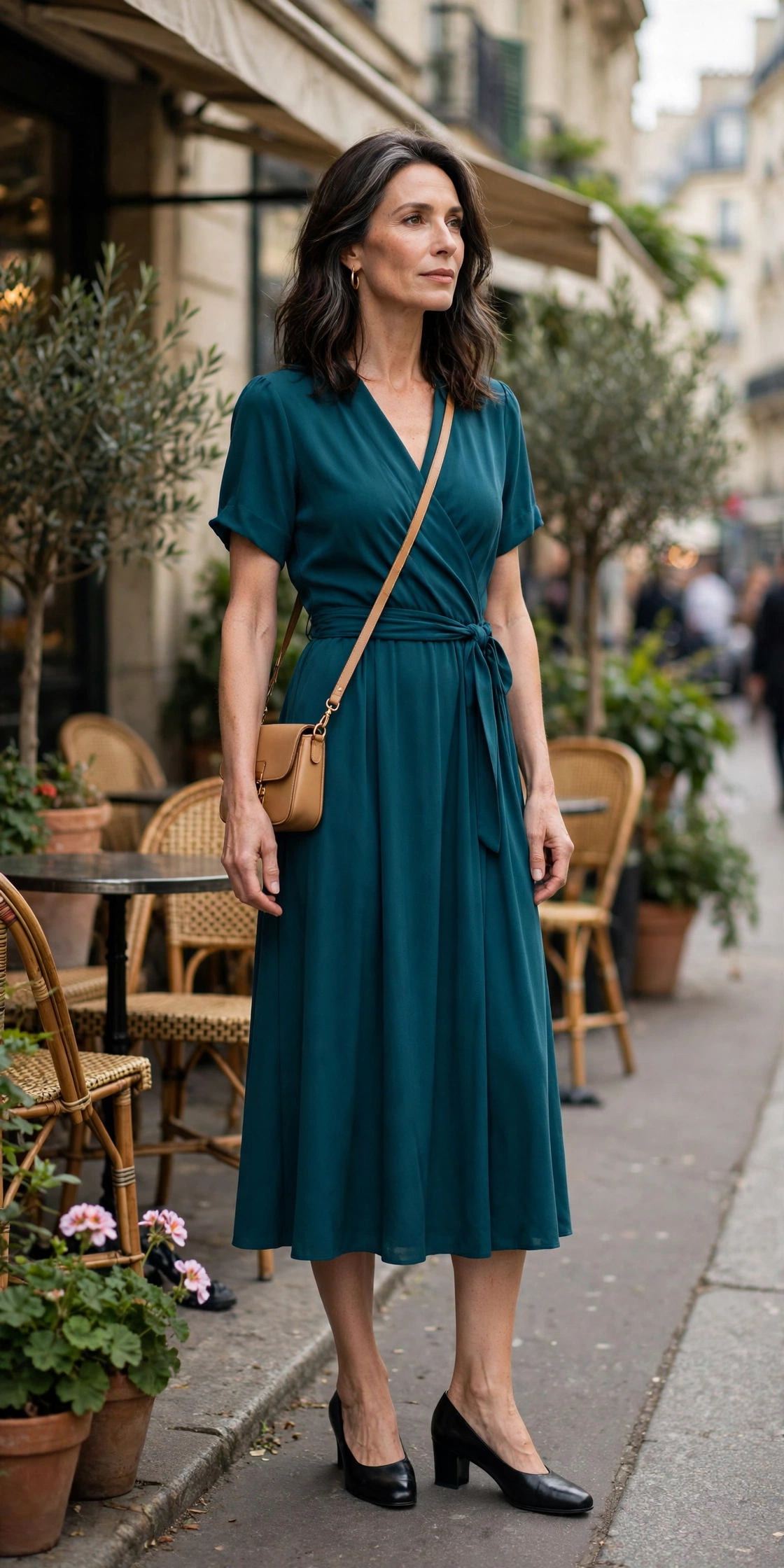 Woman over 50 wearing a teal wrap midi dress with block heels near a cafe