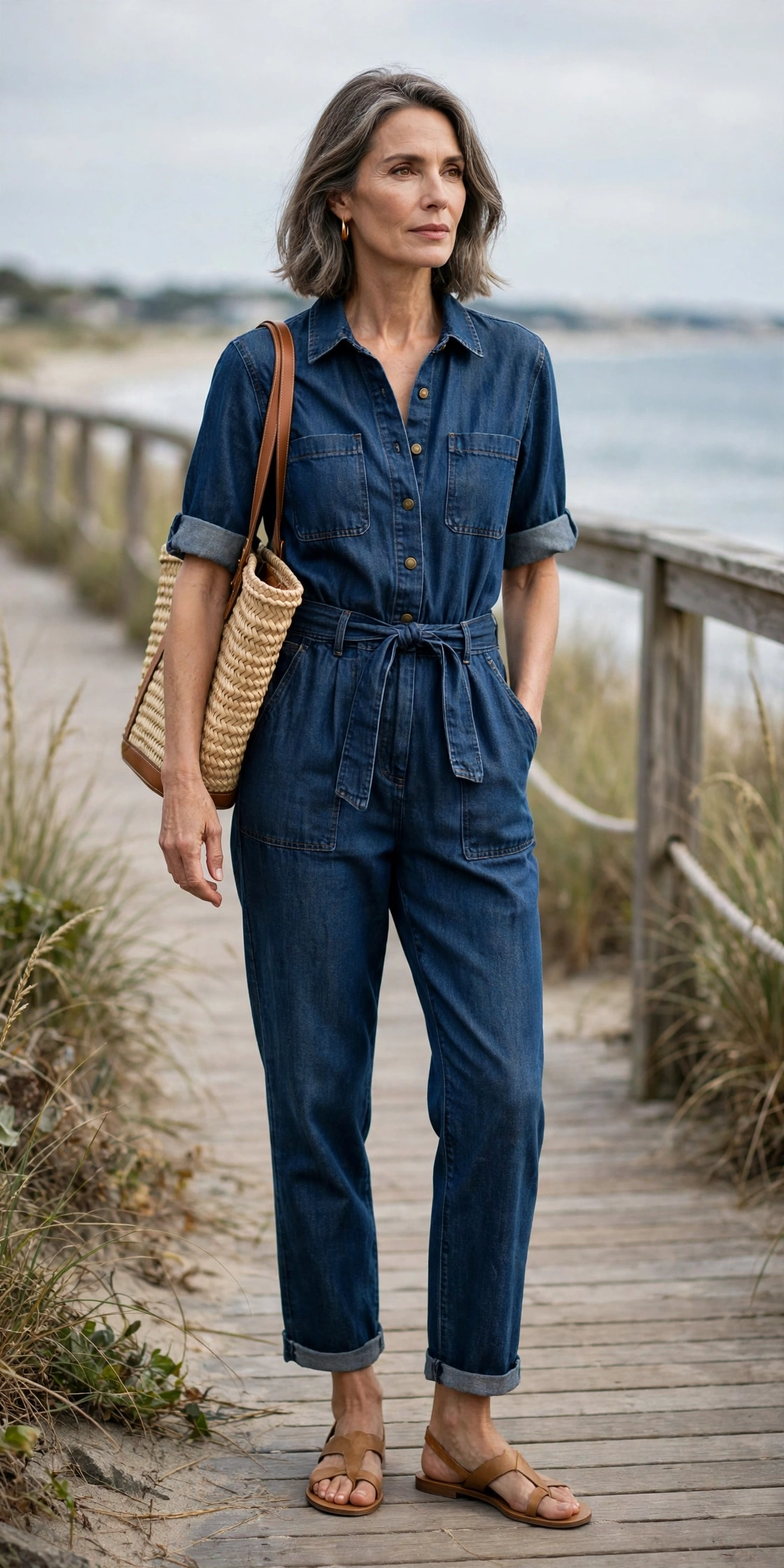Woman over 50 in an indigo denim jumpsuit with sandals on a boardwalk