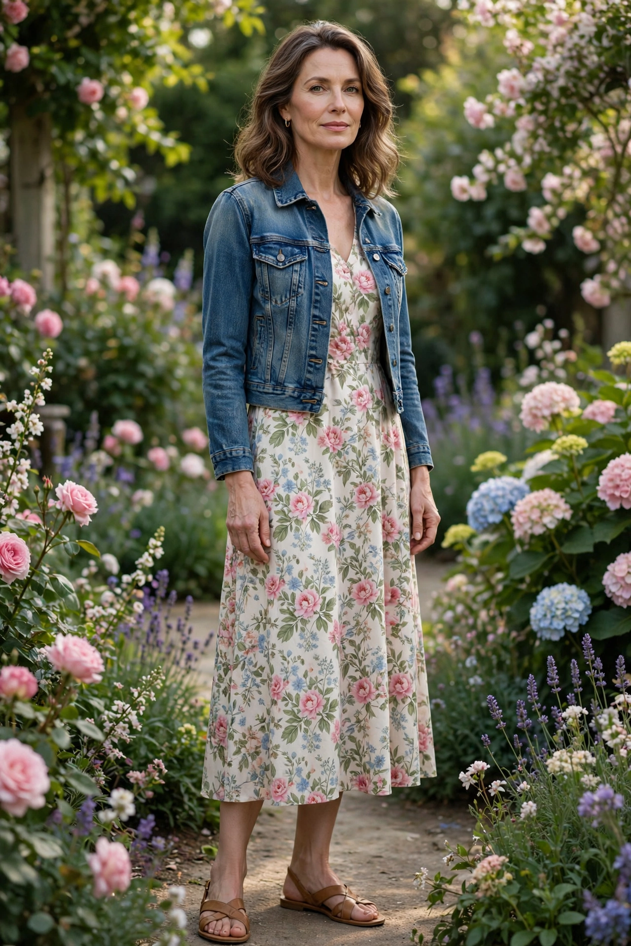 Woman over 50 wearing a floral midi dress with a cropped denim jacket in a garden