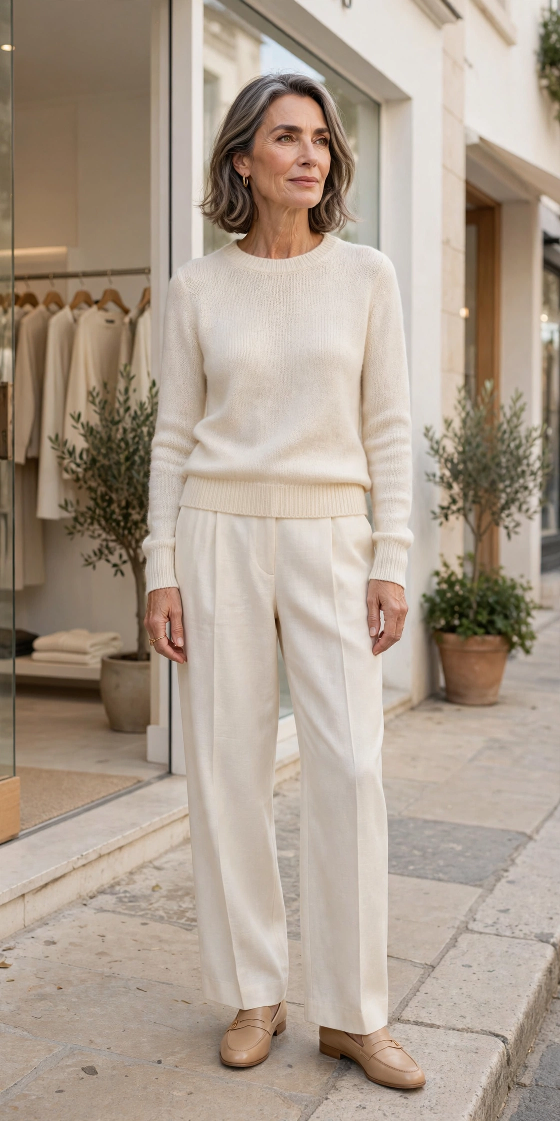 Woman over 50 in an all-cream knit outfit with wide-leg trousers and nude loafers