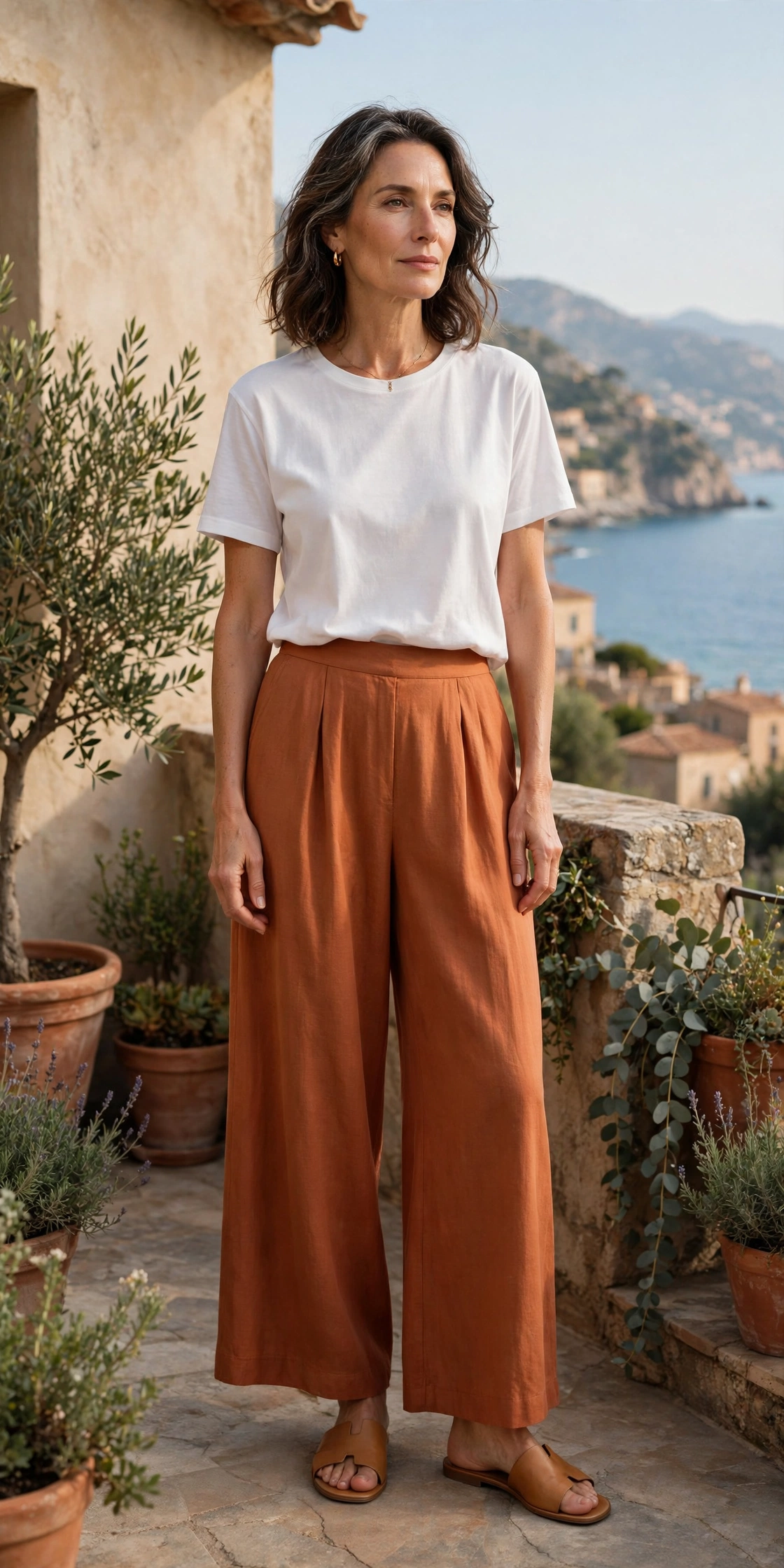 Woman over 50 in a white boxy tee and terracotta palazzo pants