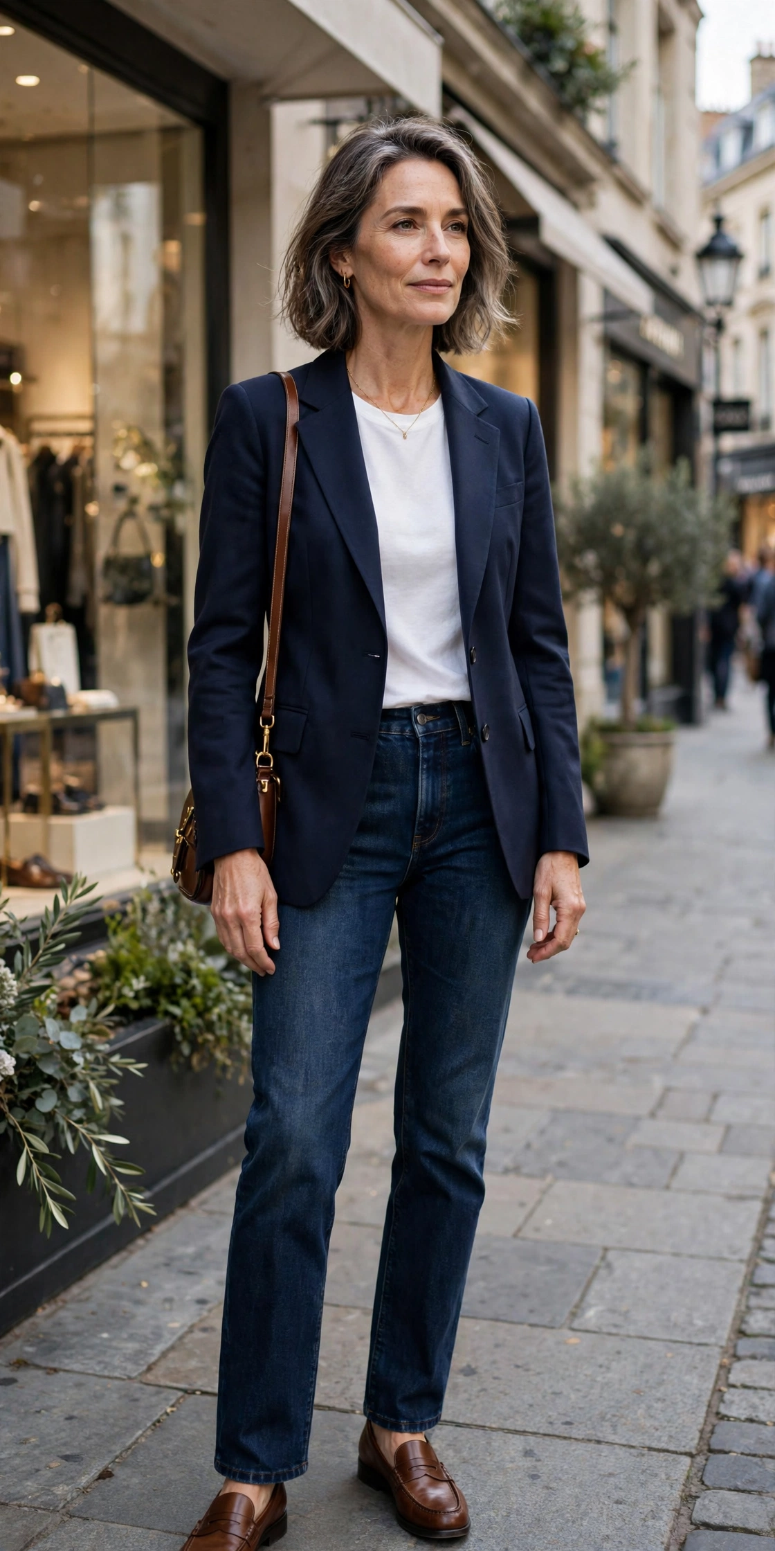 Woman over 50 wearing a navy blazer over a white tee with dark jeans and loafers