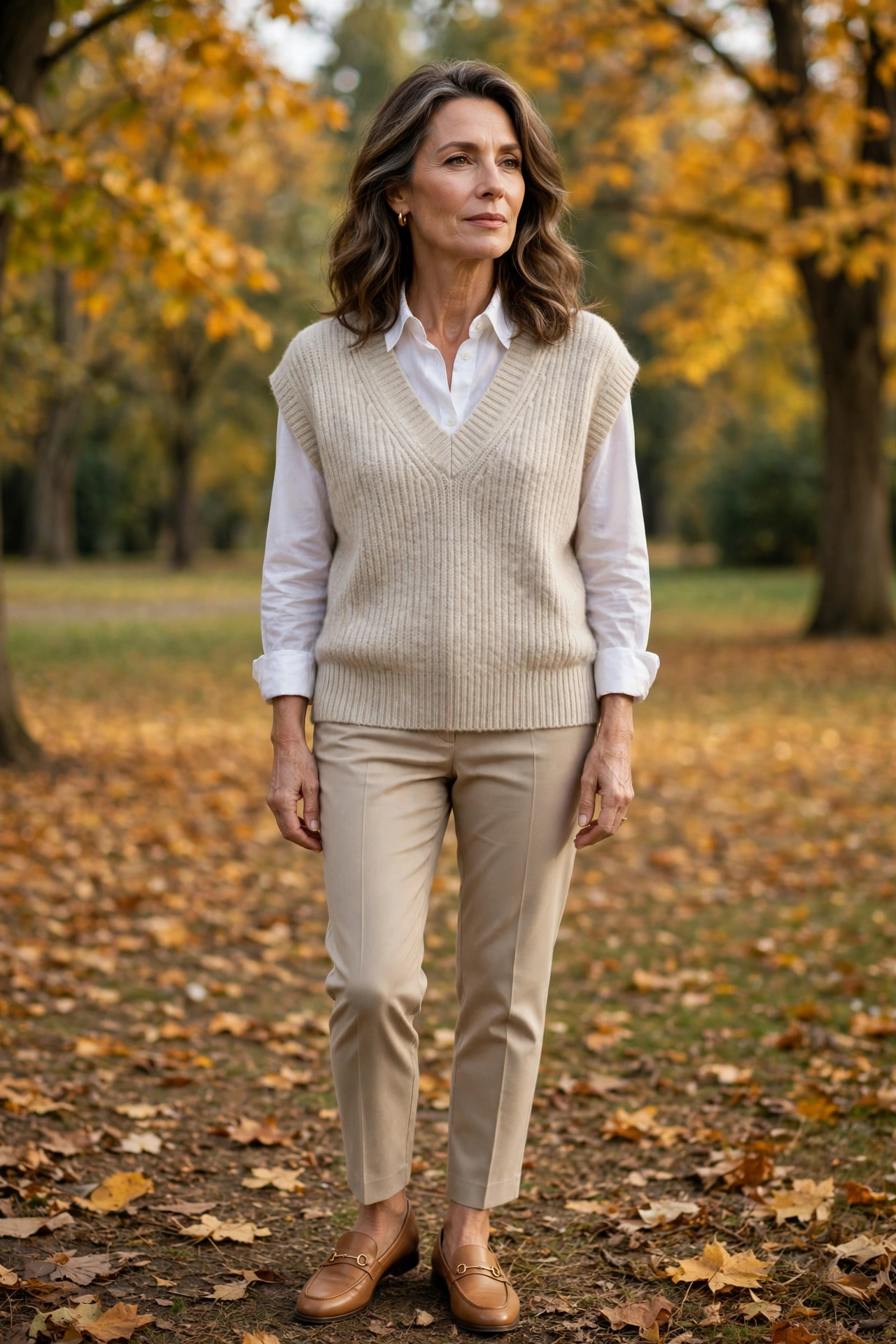 Woman over 50 in an oatmeal sweater vest over a white shirt with beige trousers