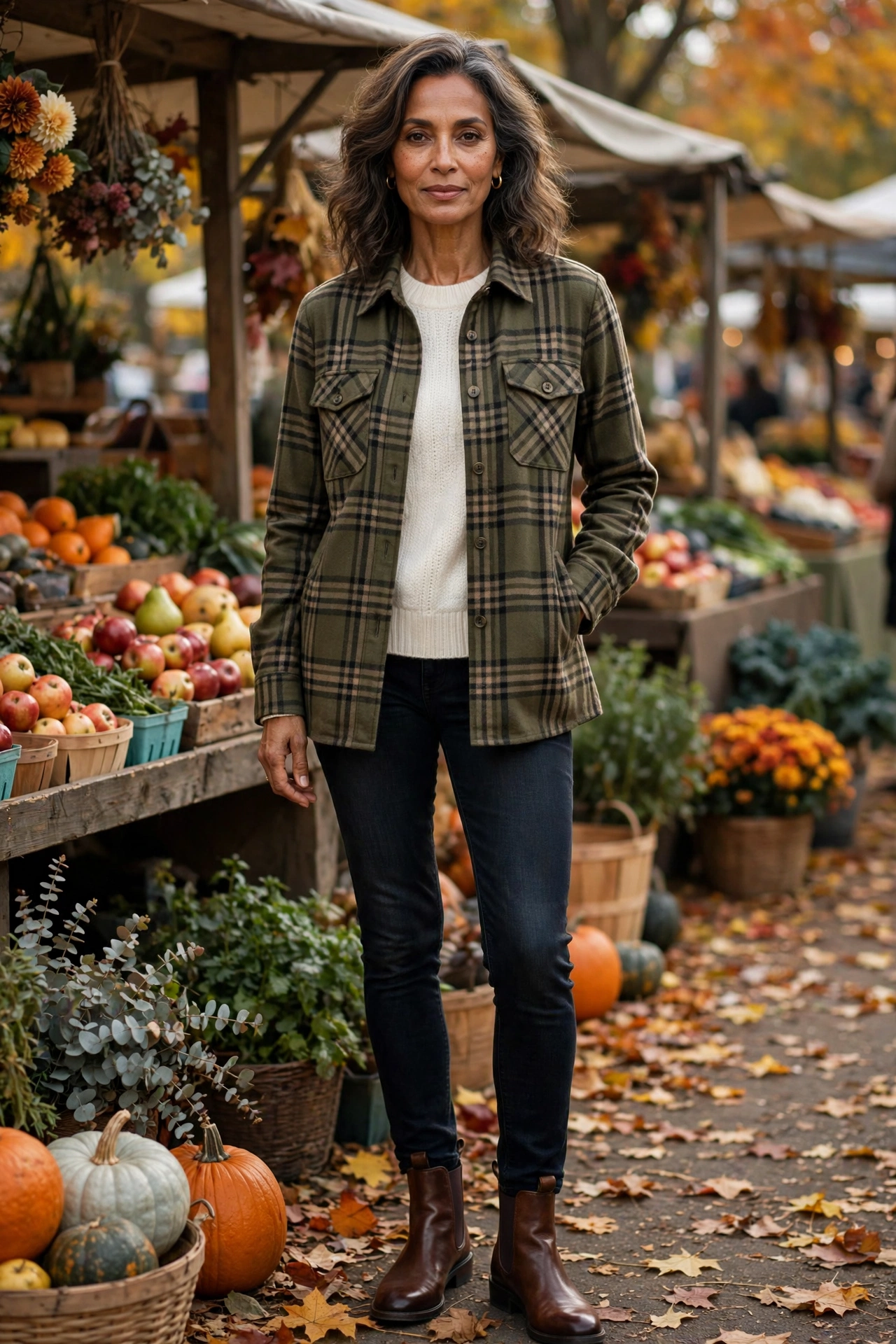 Woman over 50 in an olive plaid shacket with dark jeans and Chelsea boots
