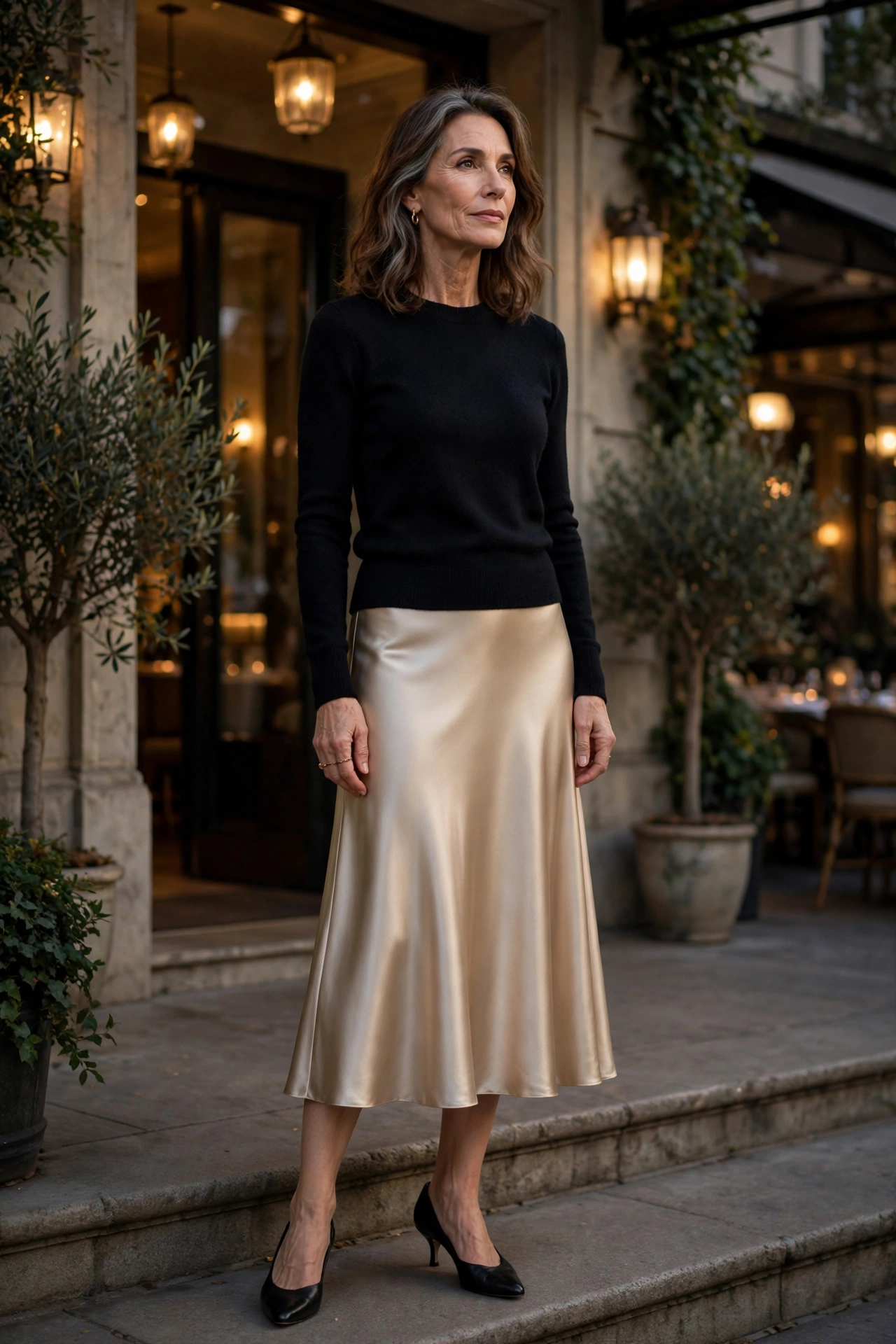Woman over 50 wearing a champagne satin midi skirt with a black sweater