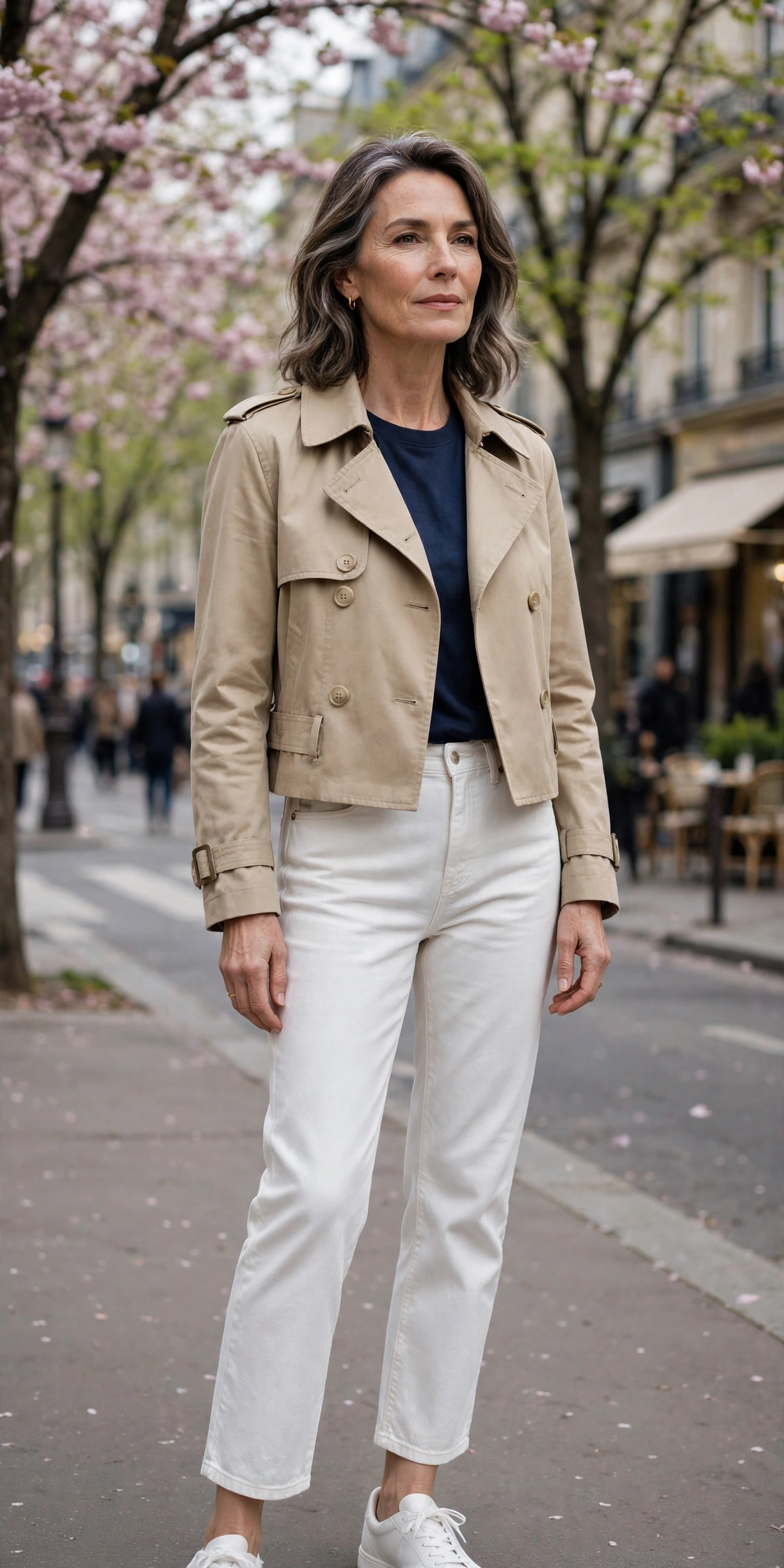 Woman over 50 in a cropped beige trench coat with white jeans and sneakers