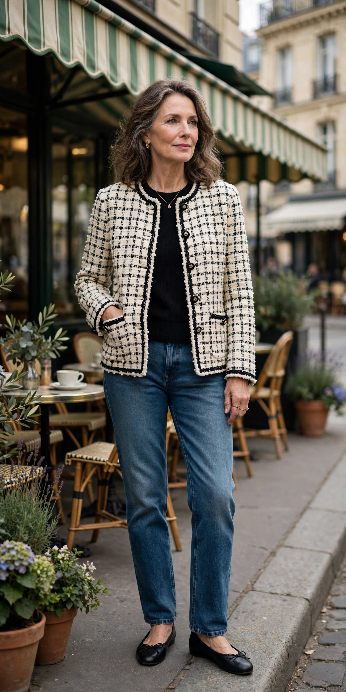 Woman over 50 in a cream and black tweed jacket with straight jeans and flats