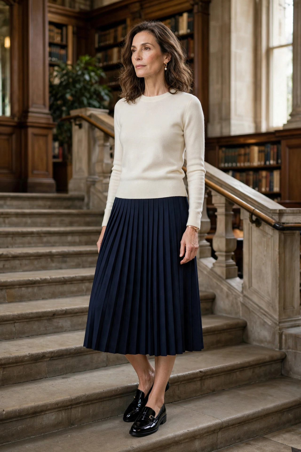 Woman over 50 in a navy pleated midi skirt with an ivory sweater and loafers