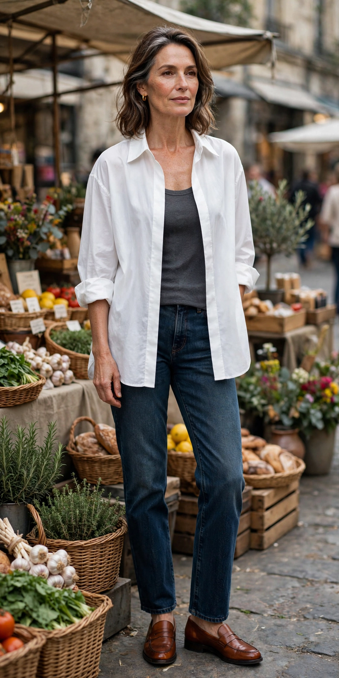 Woman over 50 wearing an oversized white shirt open over a tank with dark jeans