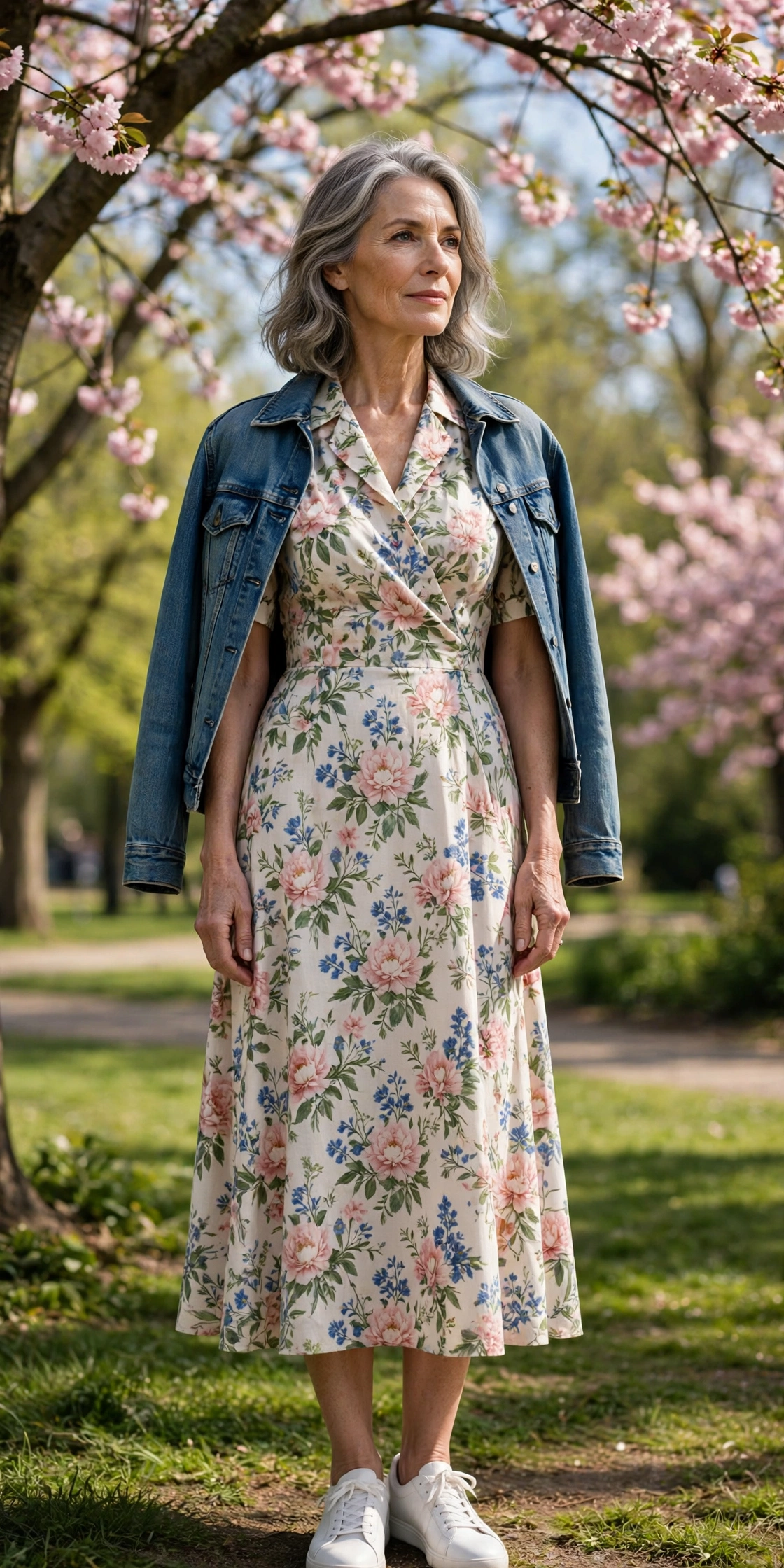 Woman over 60 in a floral midi dress with denim jacket and white sneakers in a spring park