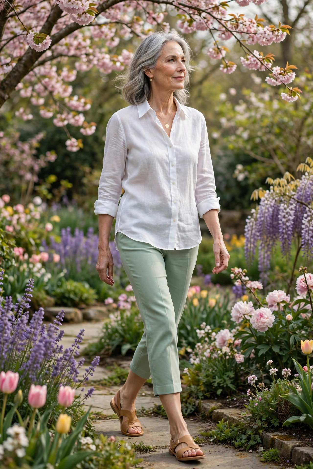 Woman over 60 in a white linen shirt and mint capris walking in a spring garden