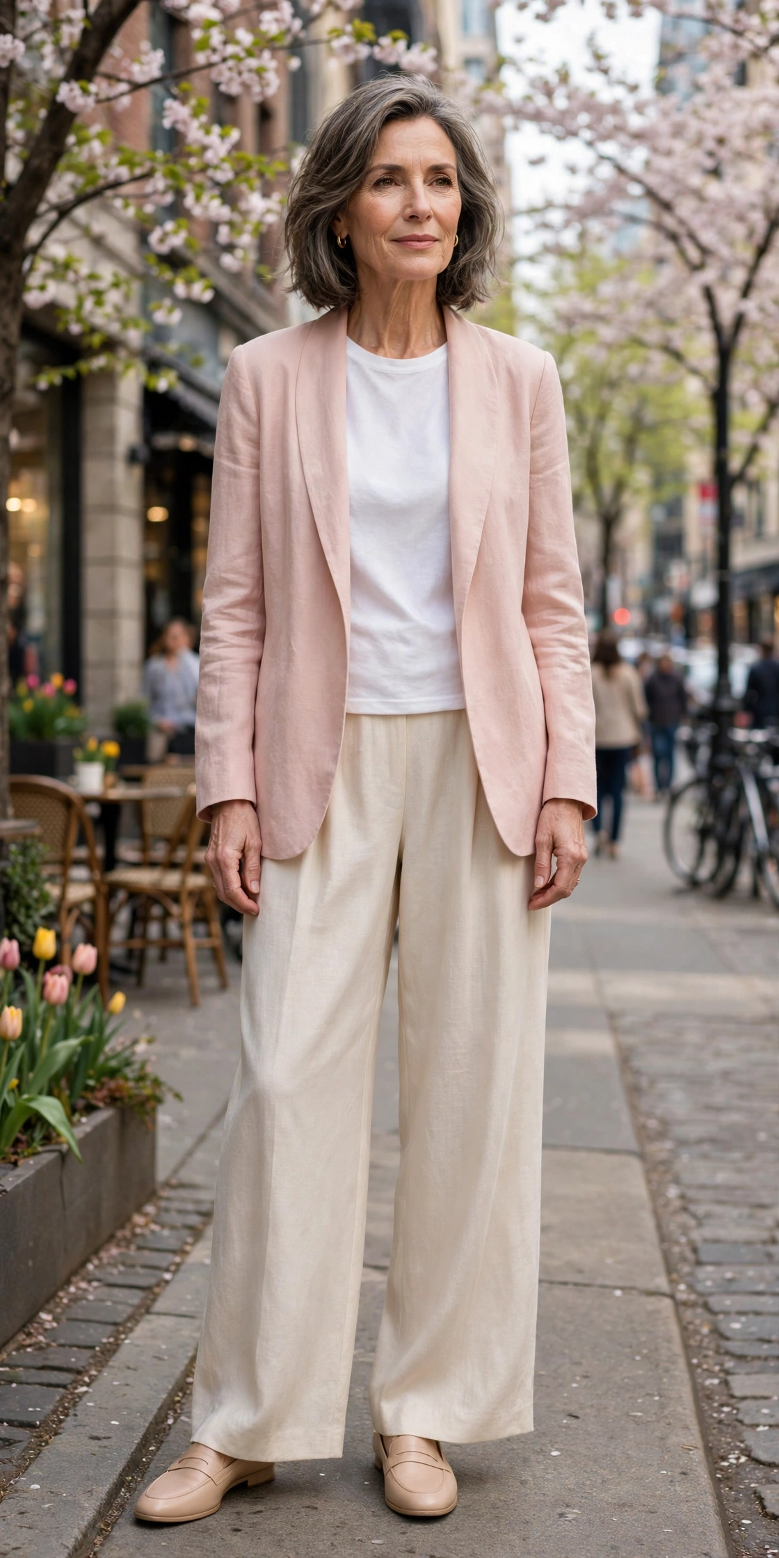 Woman over 60 in a blush blazer, white tee and cream trousers on a city street