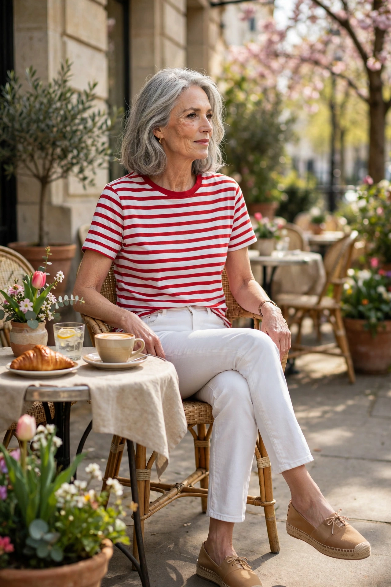 Woman over 60 in a red striped Breton tee and white jeans at a sunny cafe terrace