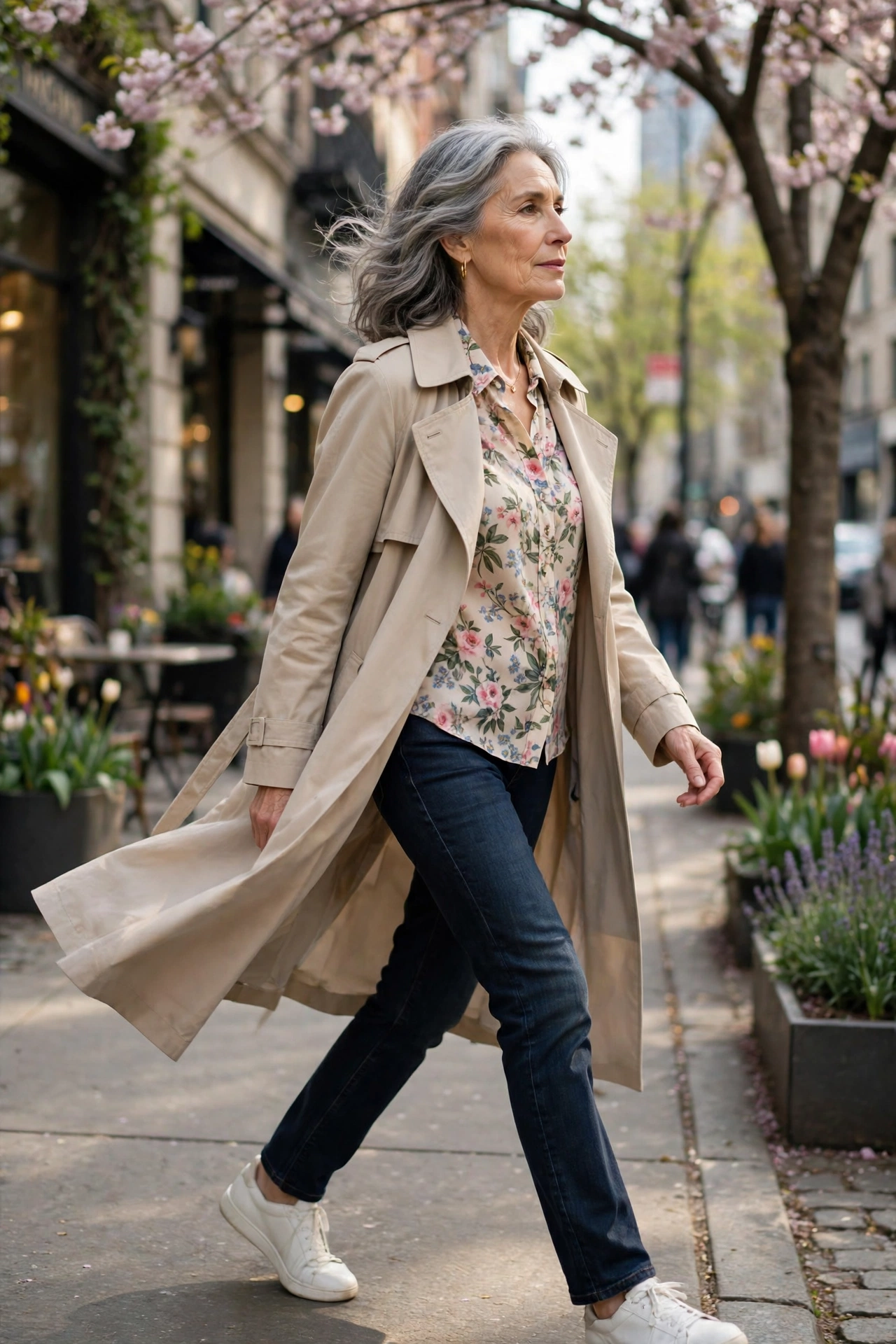 Woman over 60 in a beige trench coat over a floral blouse and jeans on a sidewalk