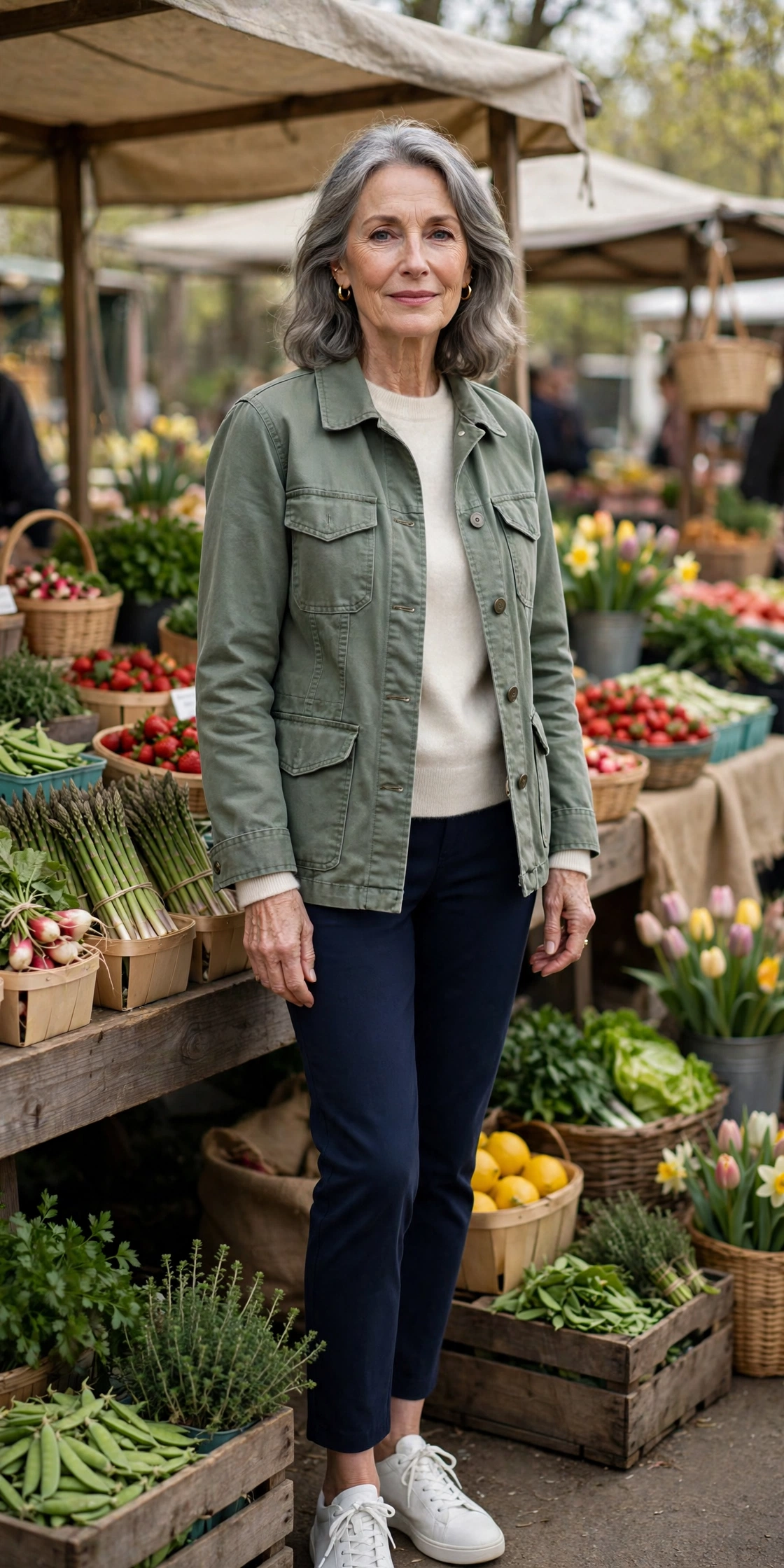 Woman over 60 in a sage utility jacket, cream sweater and navy pants at a market