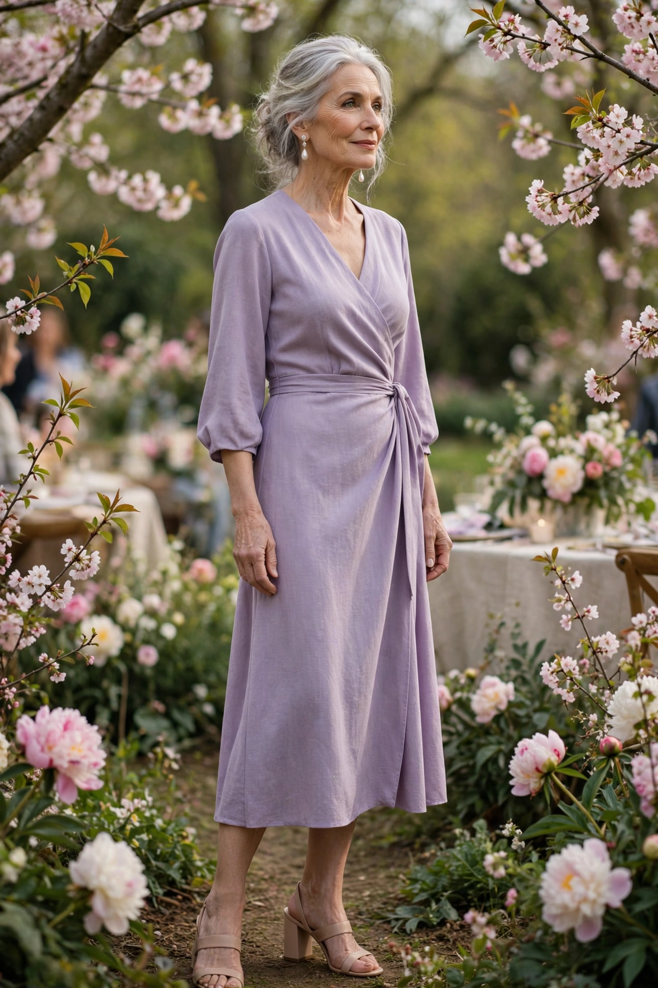 Silver-haired woman over 60 in a lavender wrap dress at a spring garden party
