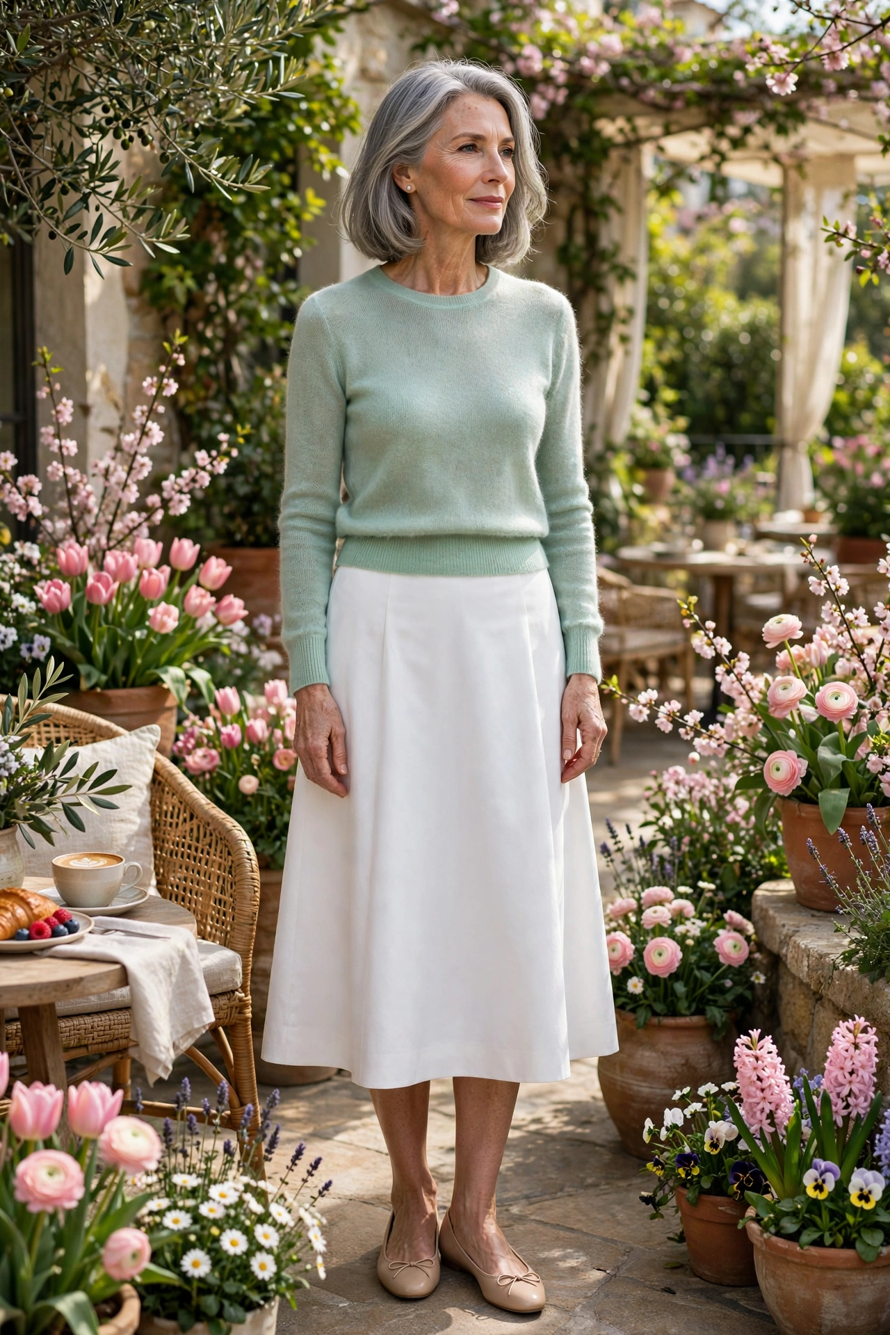 Woman over 60 in a mint knit sweater and white midi skirt at a brunch terrace
