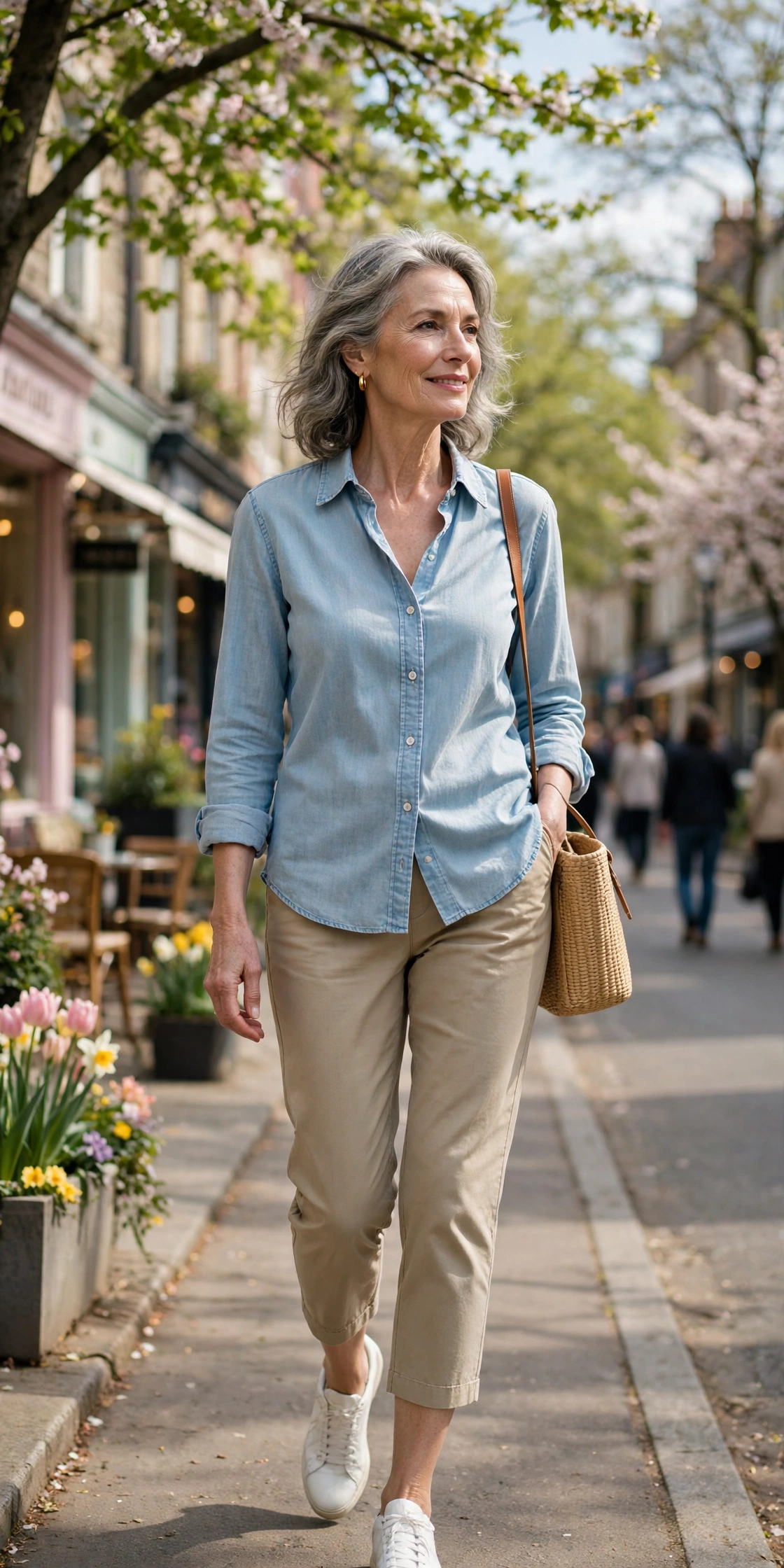 Woman over 60 in a chambray shirt and khaki capris with white sneakers