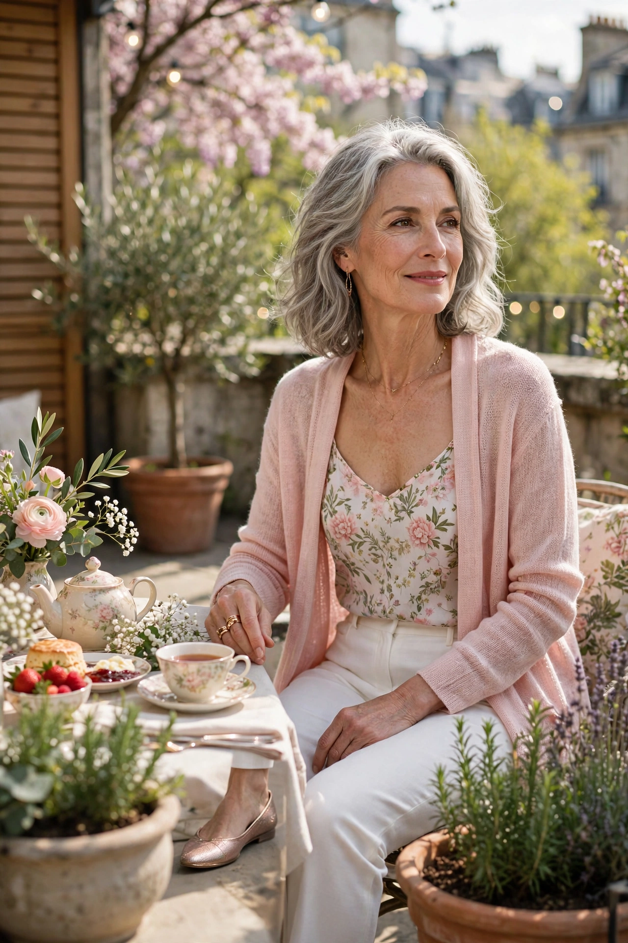 Woman over 60 in a blush cardigan over a floral camisole with white trousers