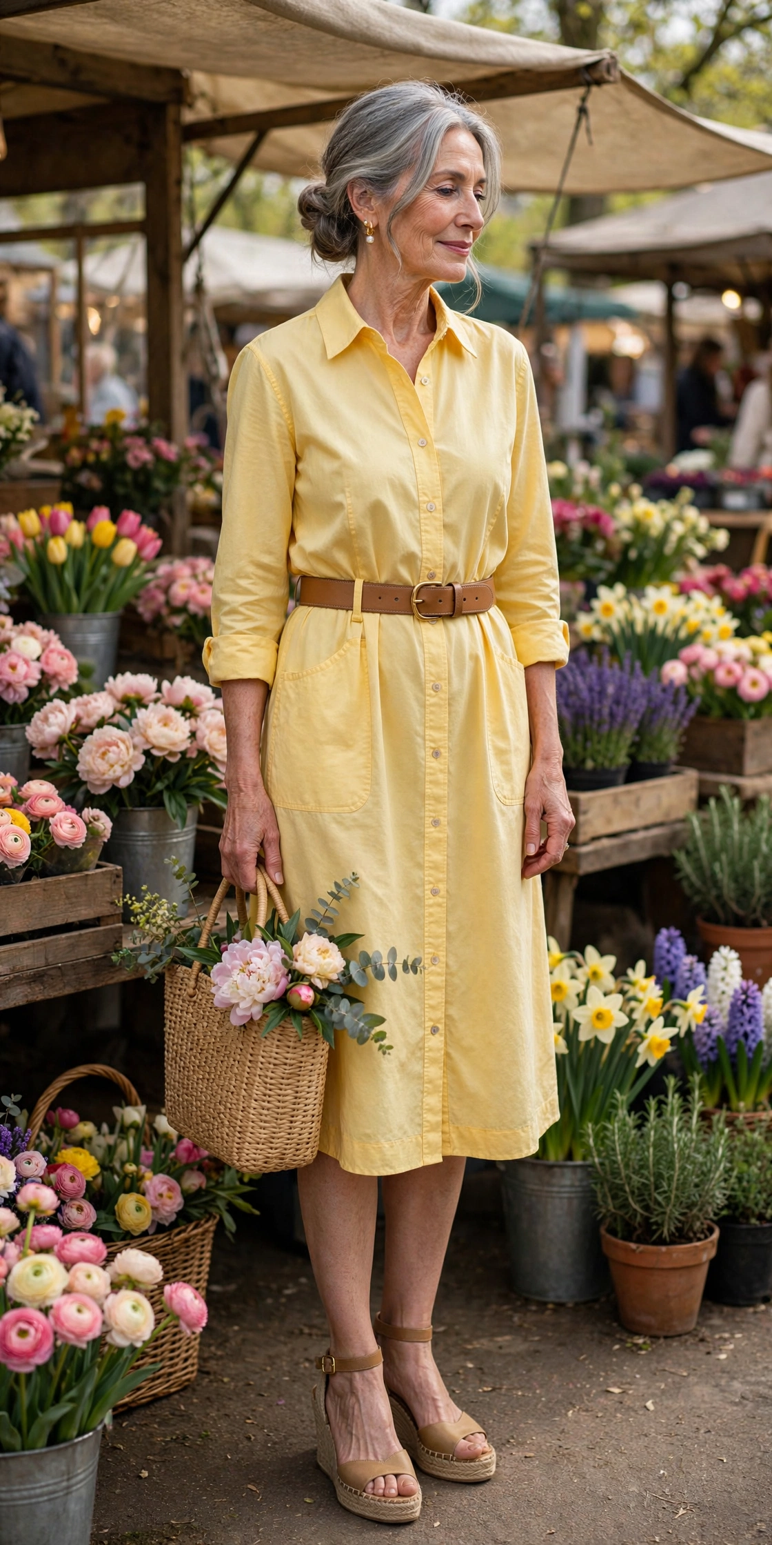 Woman over 60 in a yellow shirt dress with espadrille wedges at a farmers market