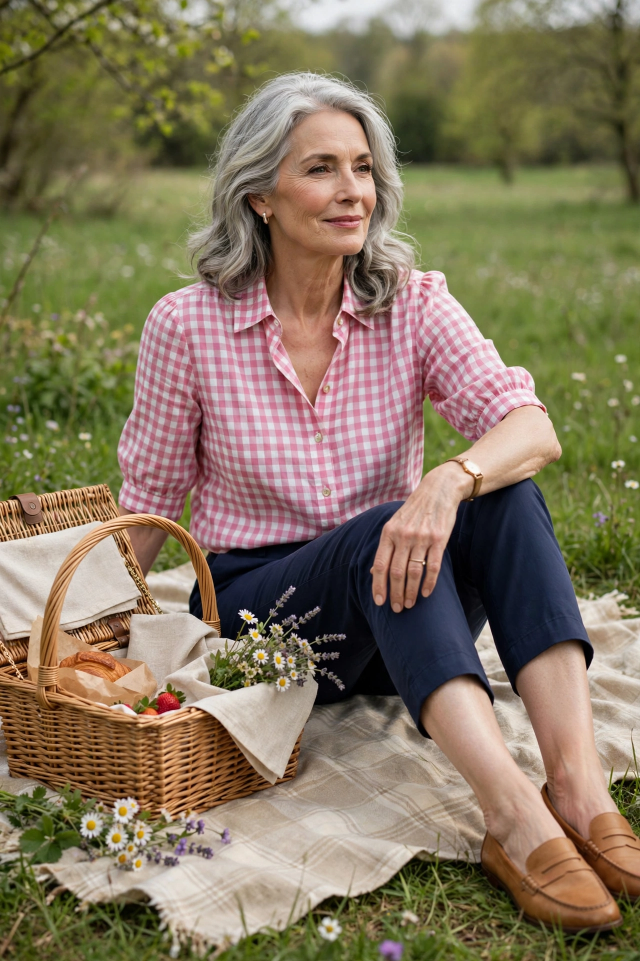 Woman over 60 in a pink gingham blouse and navy capris on a spring picnic